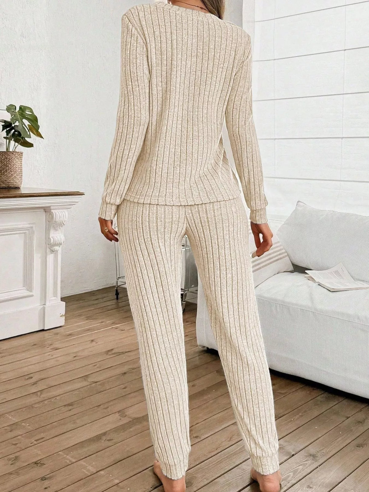 Ribbed Knit Long Sleeve Top and Pants Loungewear Set — back view