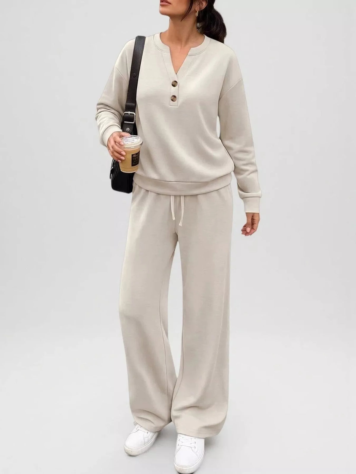 Beige button detail top and wide-leg pants set — front view