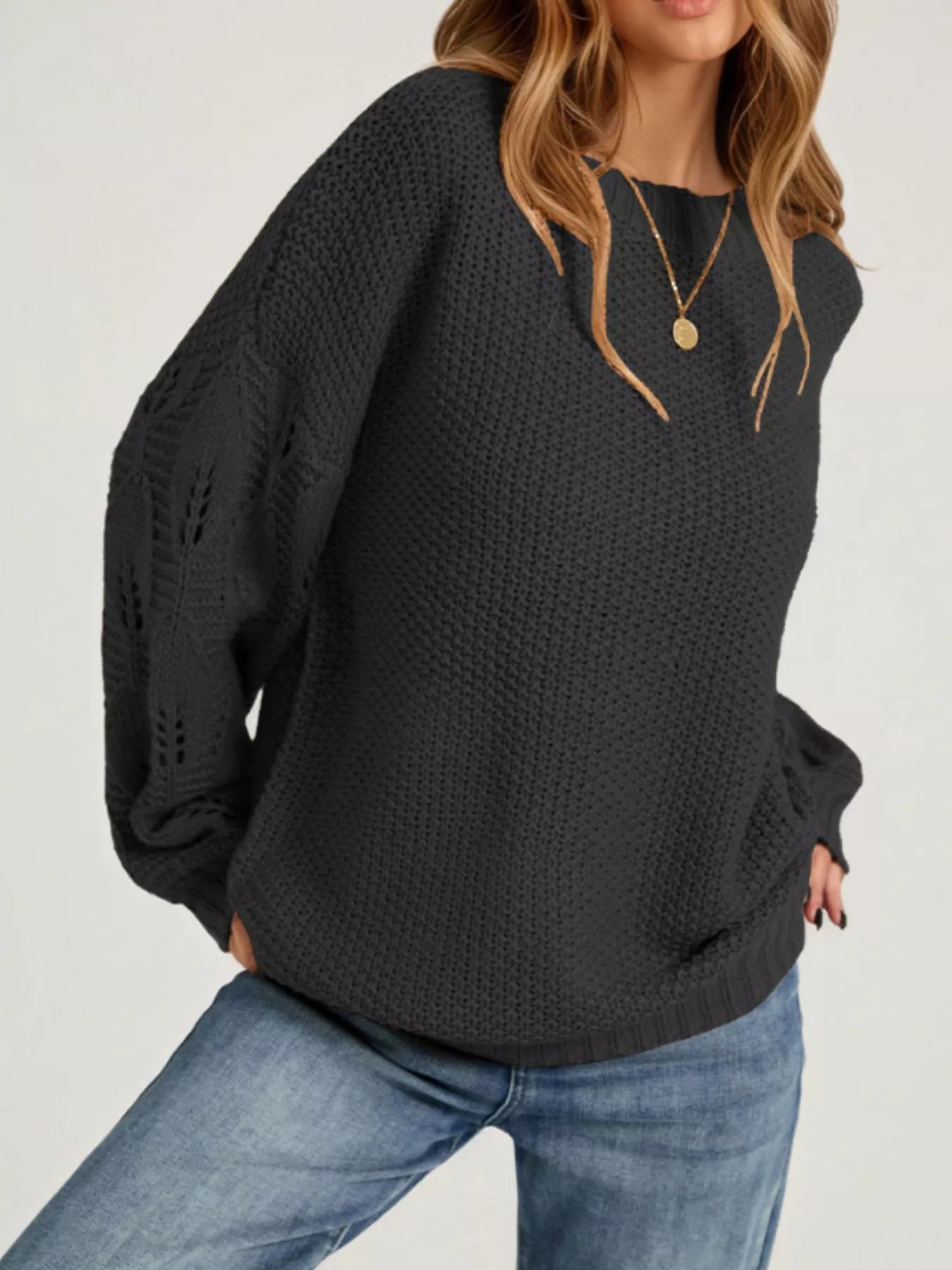 Trendsi Textured Knit Openwork Dropped Shoulder Sweater -
