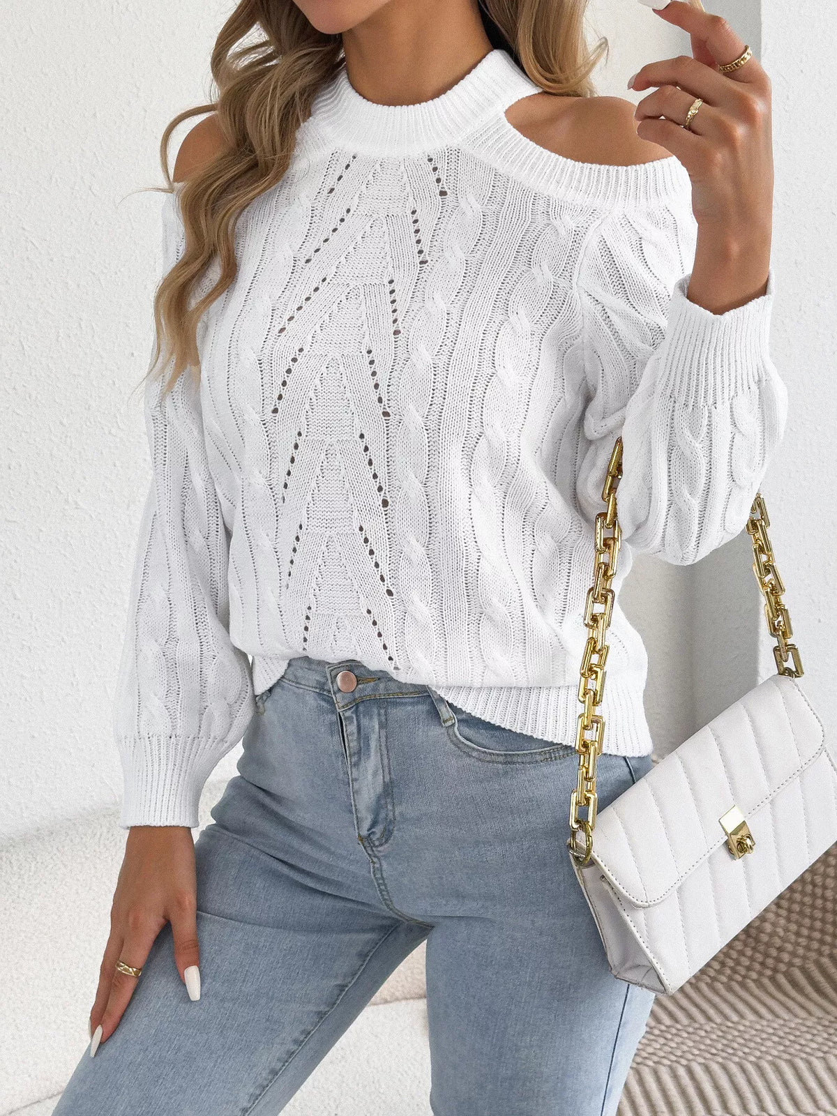 Cold Shoulder Cable Knit Sweater in white, front view