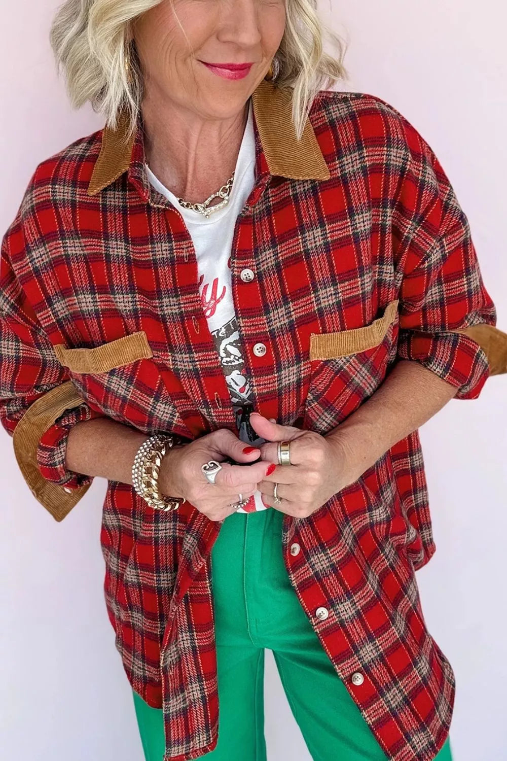 Women's Plaid Corduroy Trim Dropped Shoulder Shacket in Scarlet, back view