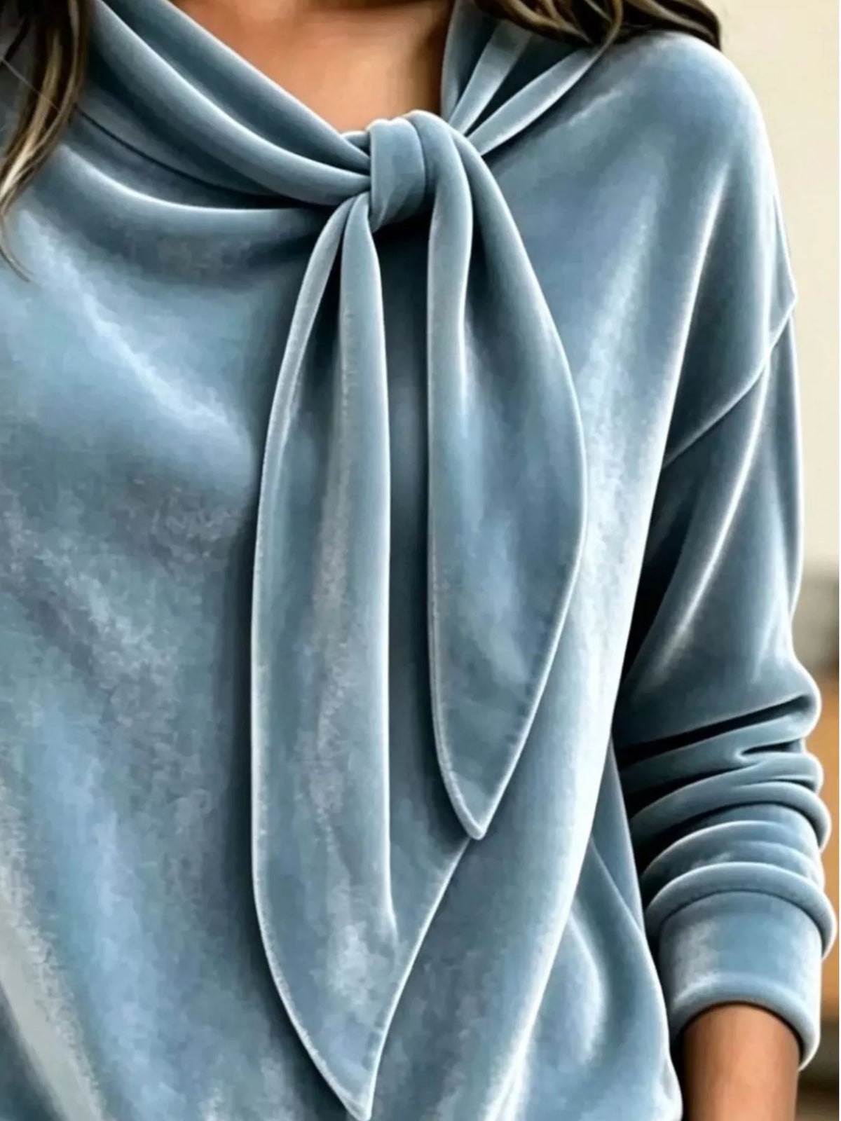 Women's Velvet Tie-Neck Long Sleeve Sweatshirt in blue — neckline detail view
