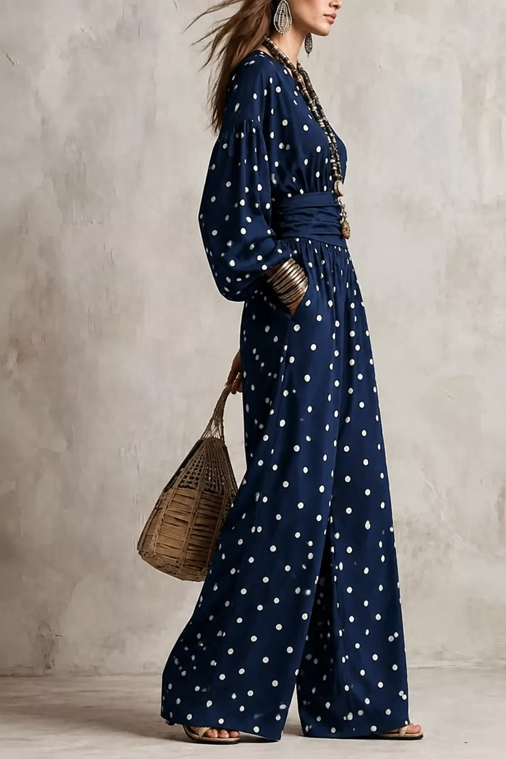 Women's Polka Dot Wide-Leg Jumpsuit in Navy, back view