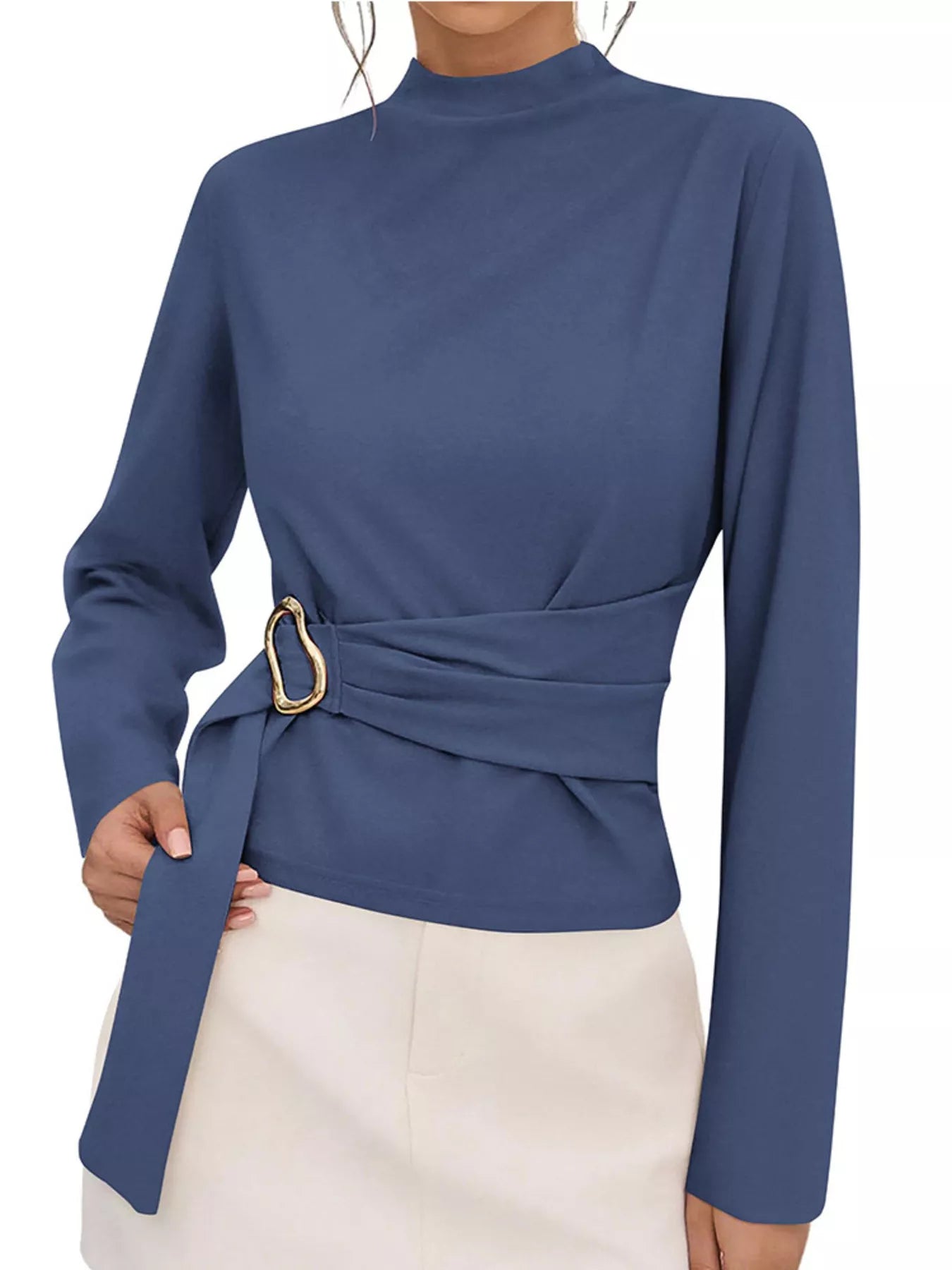 Trendsi Mock Neck Blouse with Waist-Defining Metal Buckle Detail -