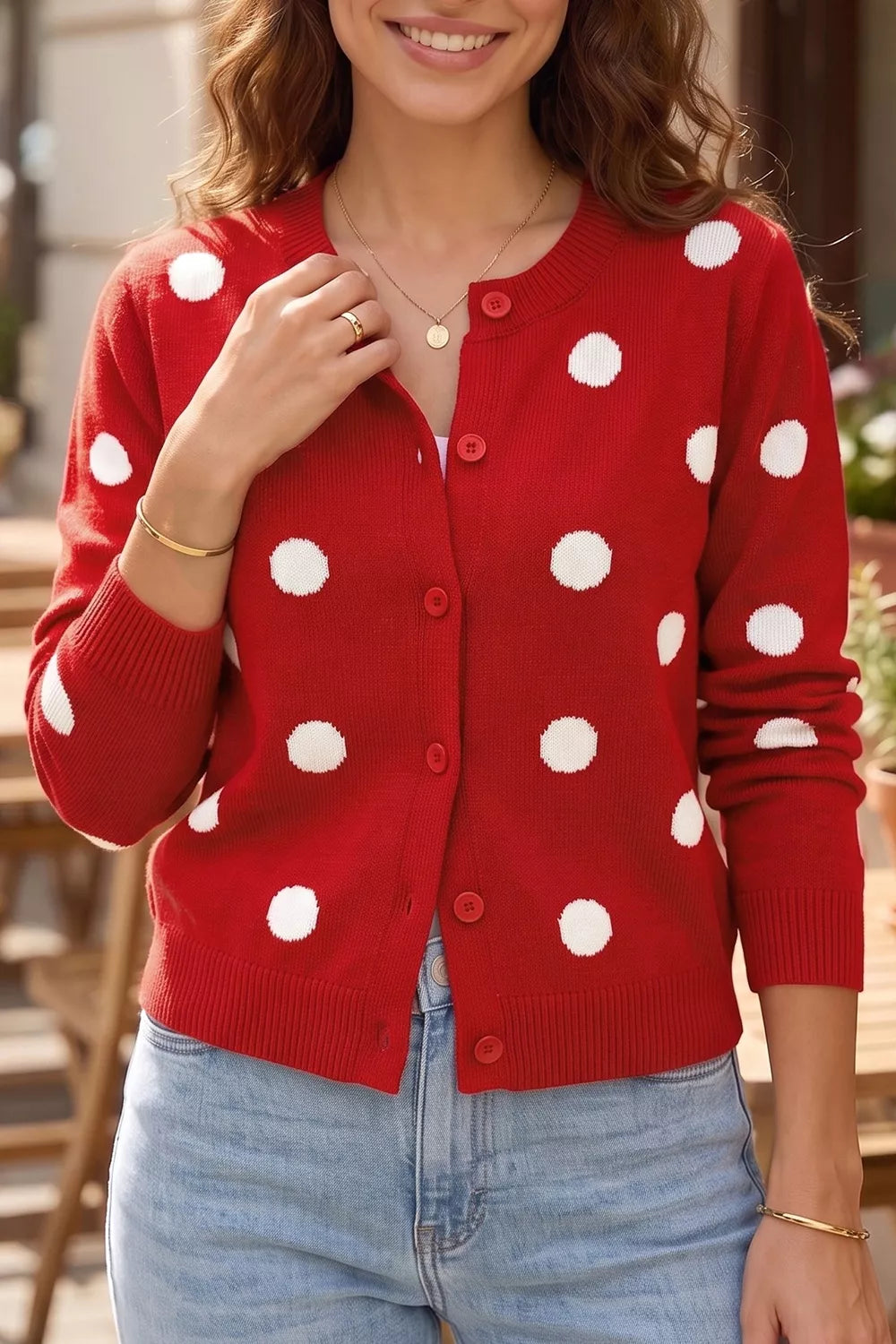 Trendsi Casual Polka Dot Button Front Long Sleeve Sweater Cardigan -