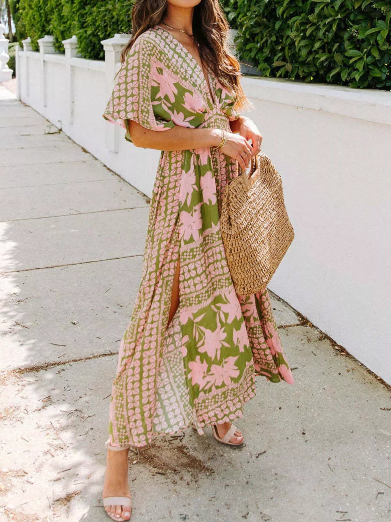 Trendsi Floral Print V-Neck High Slit Maxi Dress -