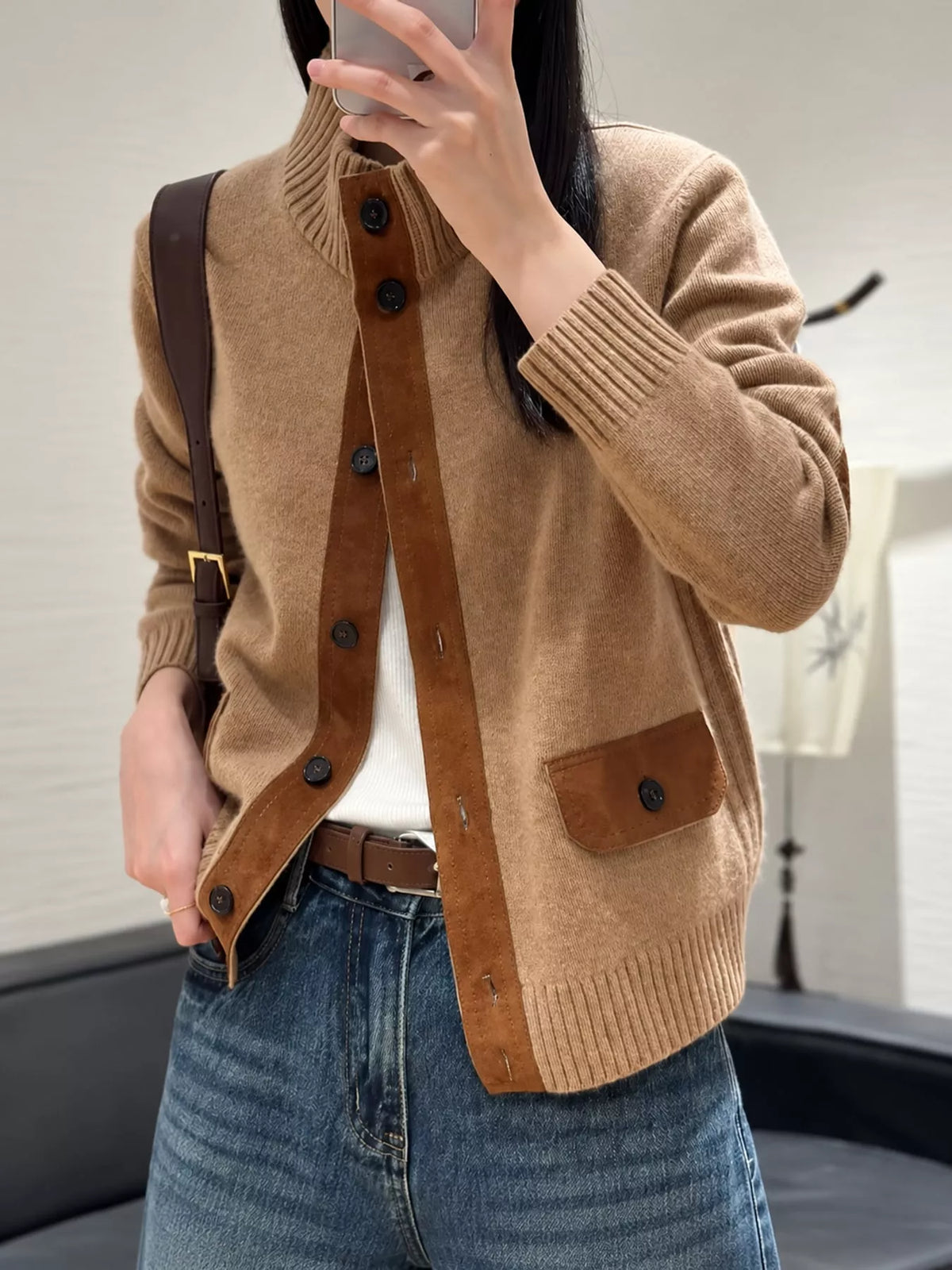 Ribbed-Knit Mock Neck Cardigan in camel, front view