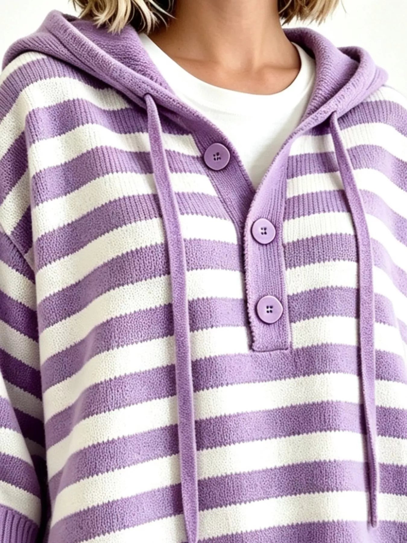 Trendsi Striped Hooded Sweater with Button Detail -
