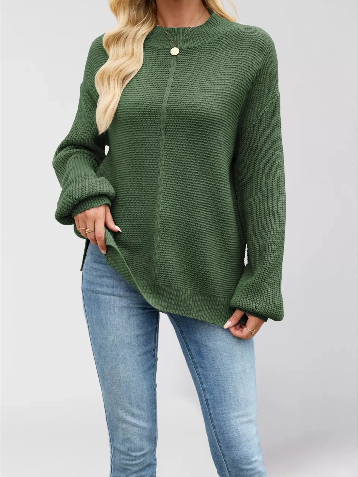 Trendsi Ribbed Mock Neck Drop Shoulder Sweater -