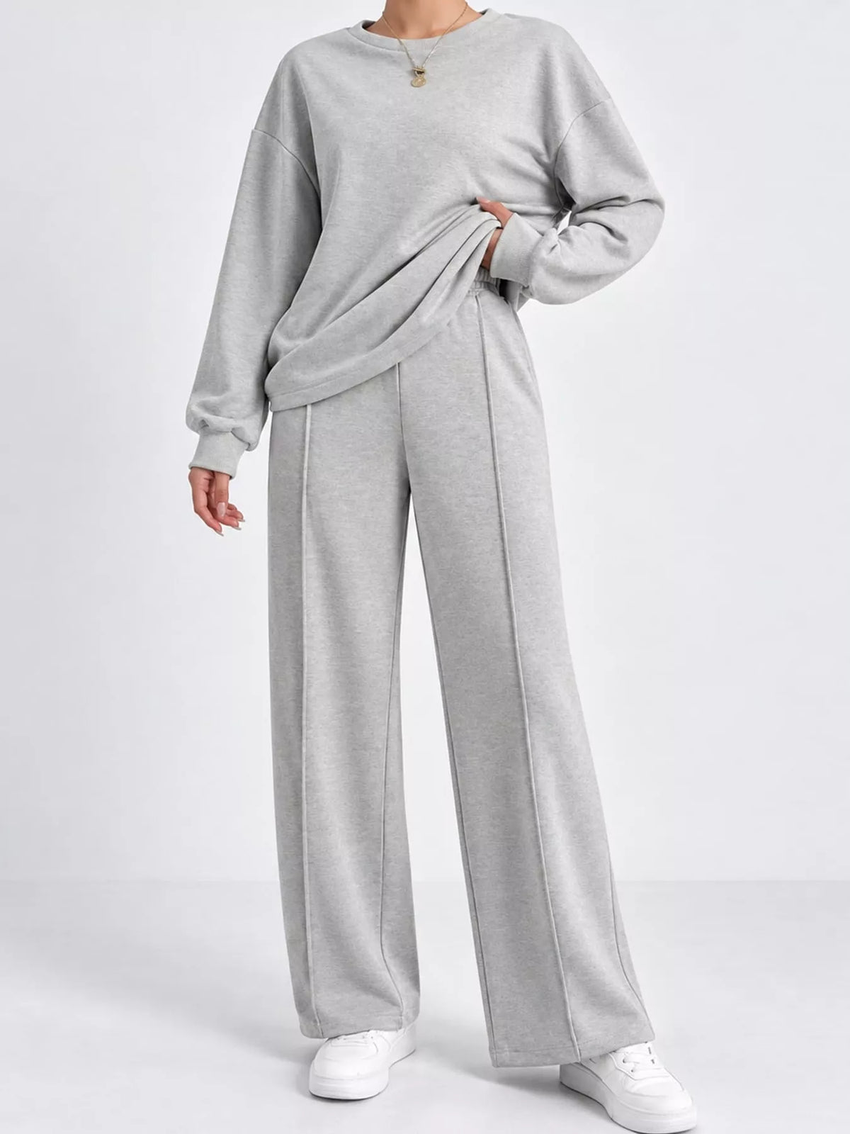 Light gray oversized sweatshirt and wide-leg pants set — front view