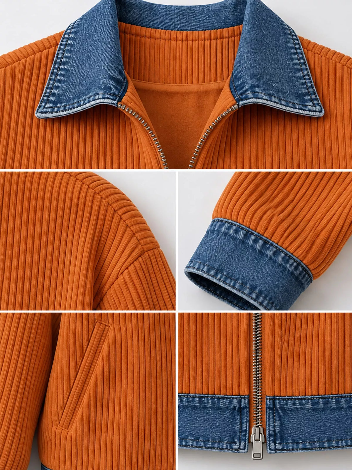 Orange denim-collar ribbed knit zip-up jacket — design and construction details