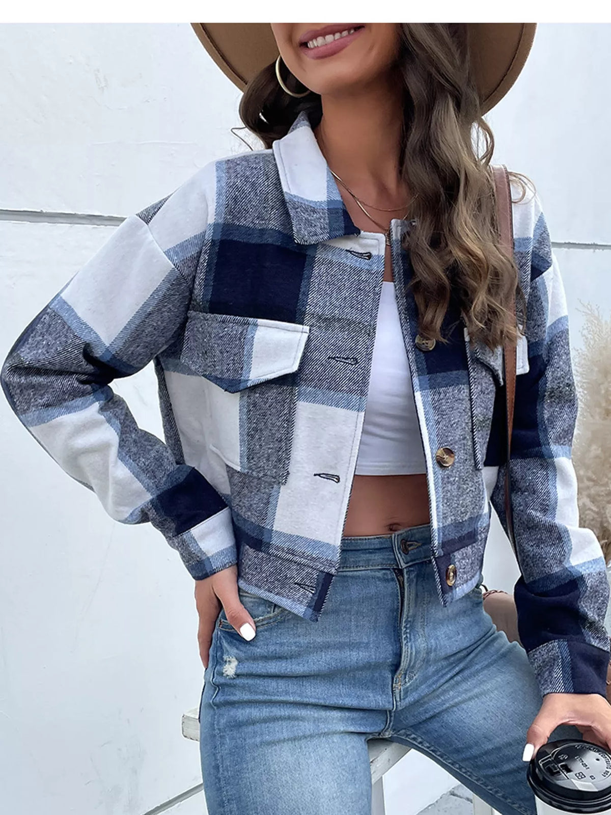 Navy plaid button-up cropped jacket