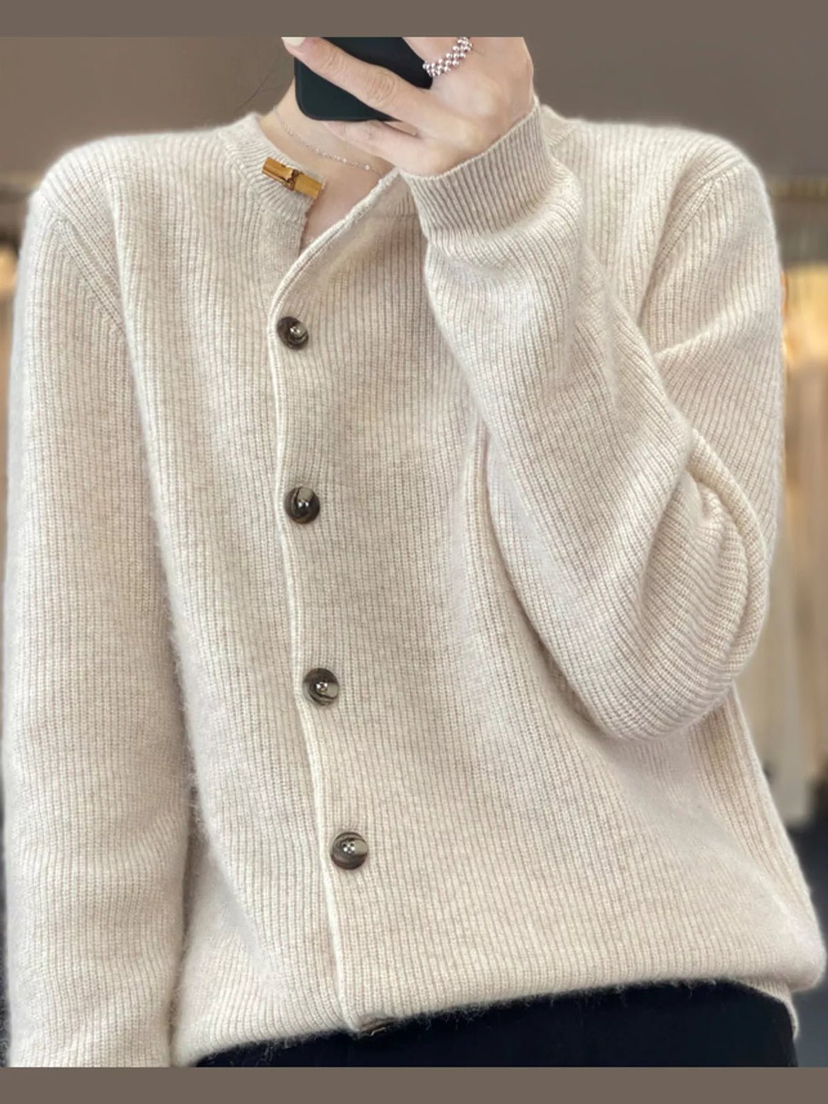 Pearl Barley ribbed knit asymmetrical button cardigan