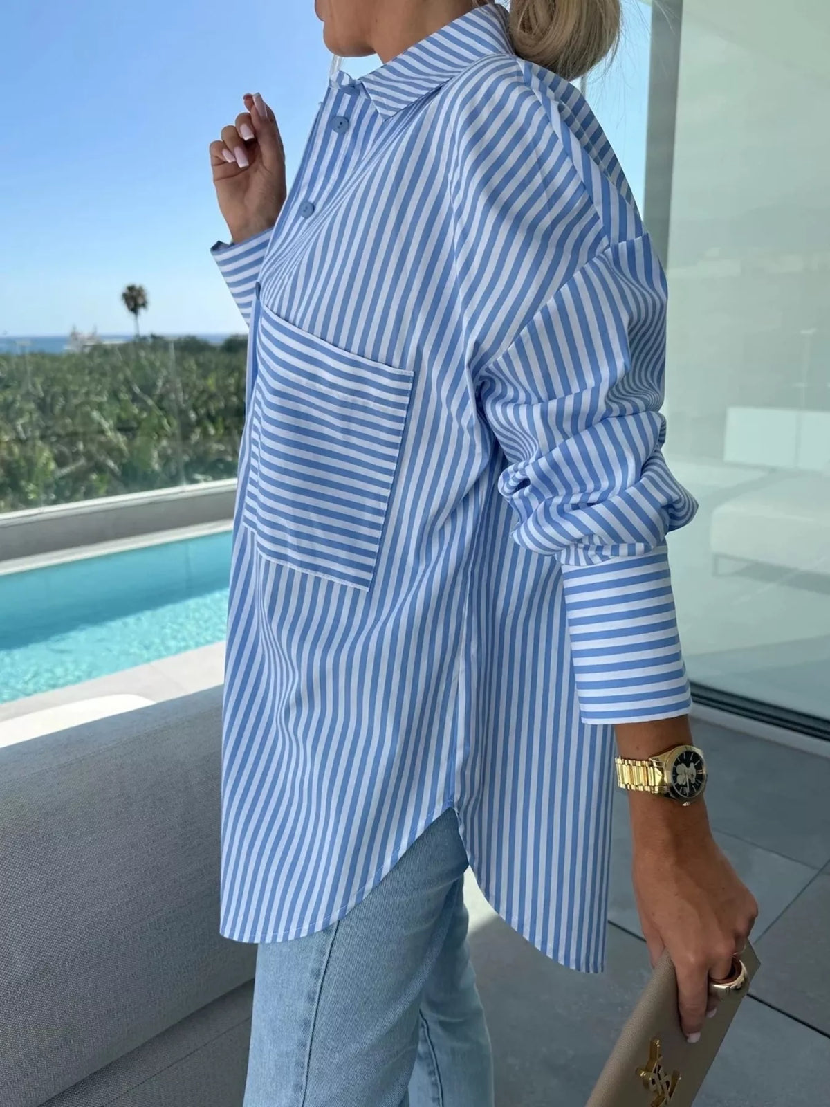 Trendsi Striped Button Up Long Sleeve Shirt -