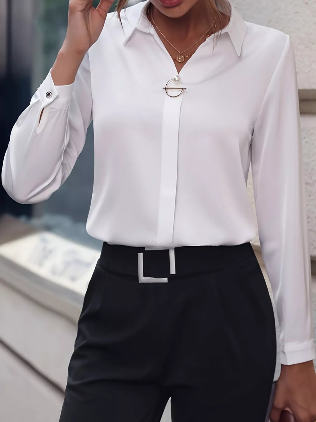 Women's Collared Clasp Detail Long Sleeve Satin Blouse in white — front view