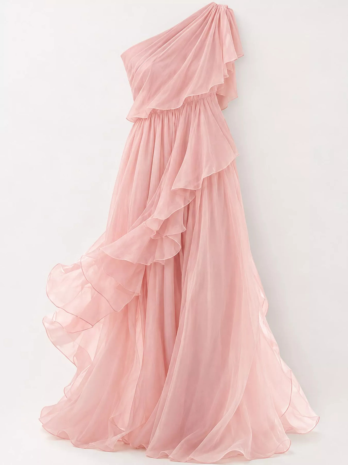 Women's One-Shoulder Ruffled Chiffon Maxi Dress in pink — bodice detail view