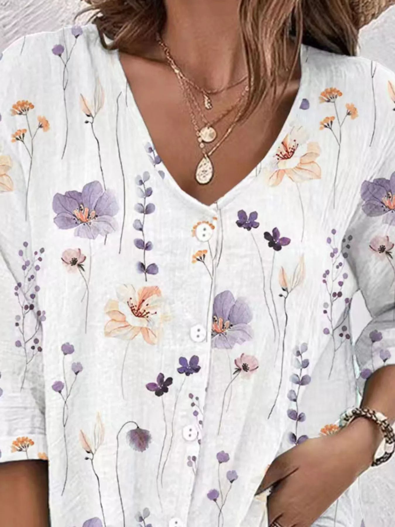Trendsi Floral Print V-Neck Button-Down Shirt -