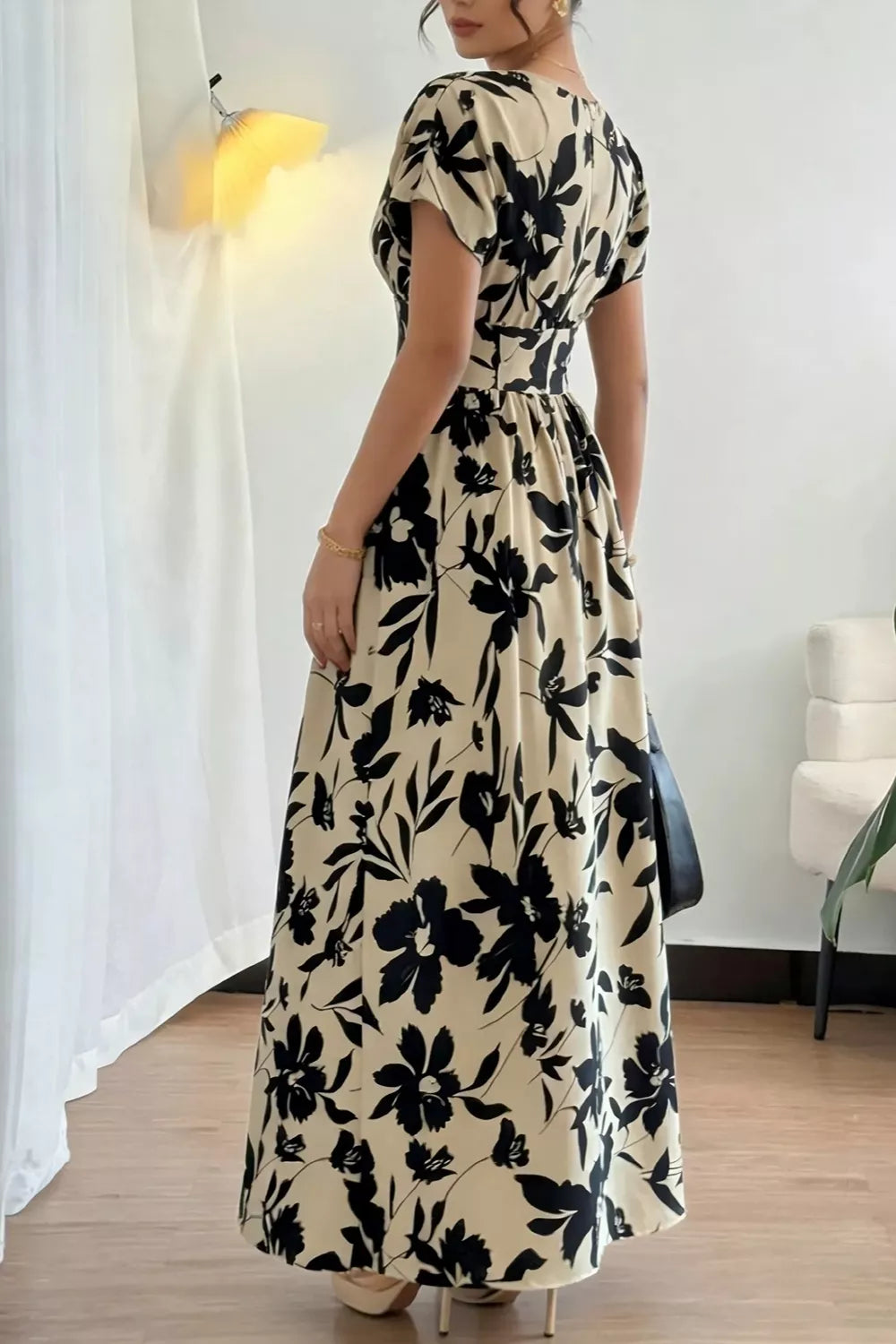 Trendsi Floral Print Short Sleeve A-Line Maxi Dress -