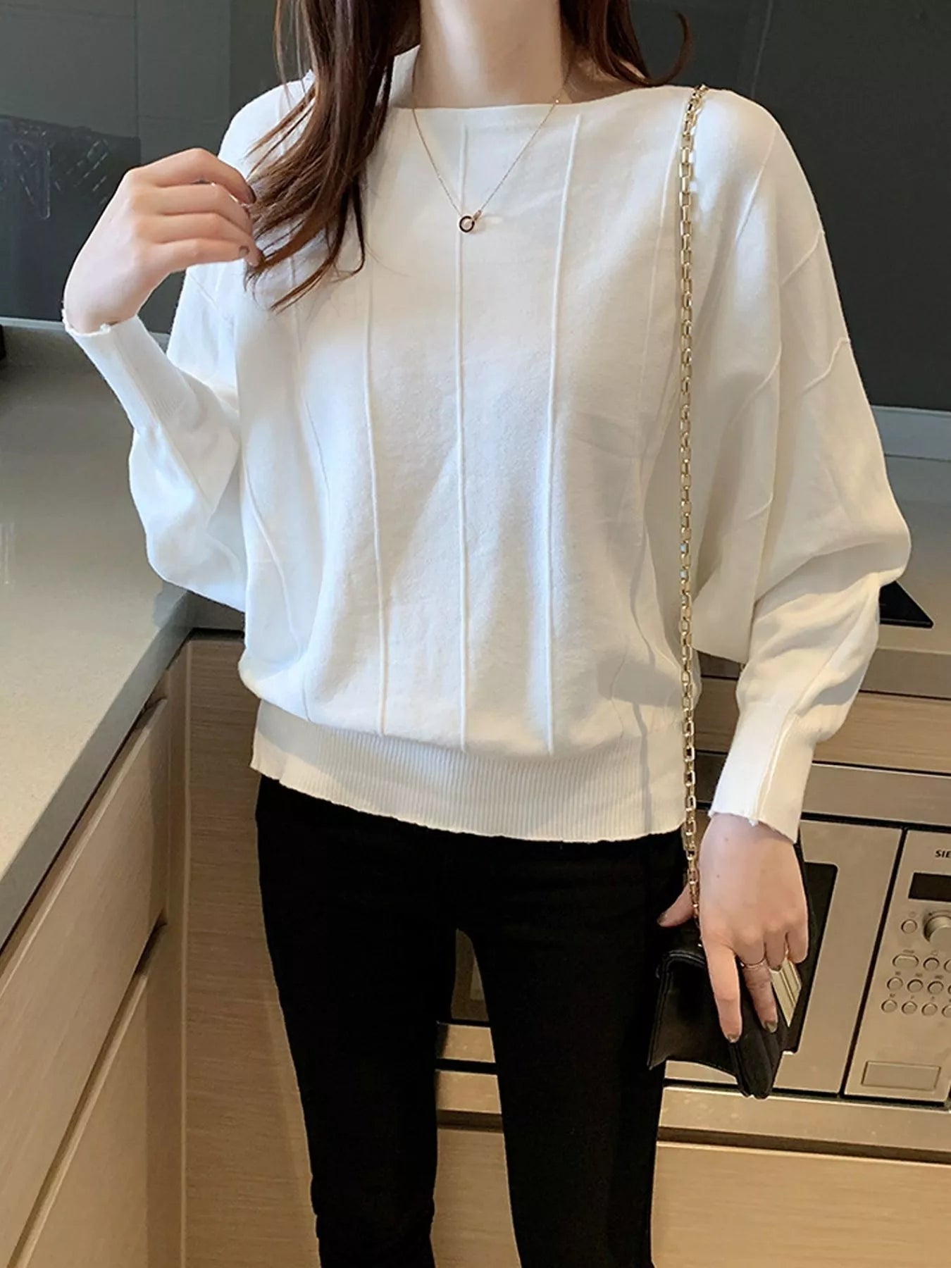 Trendsi Ribbed Hem Batwing Sleeve Knit Top -