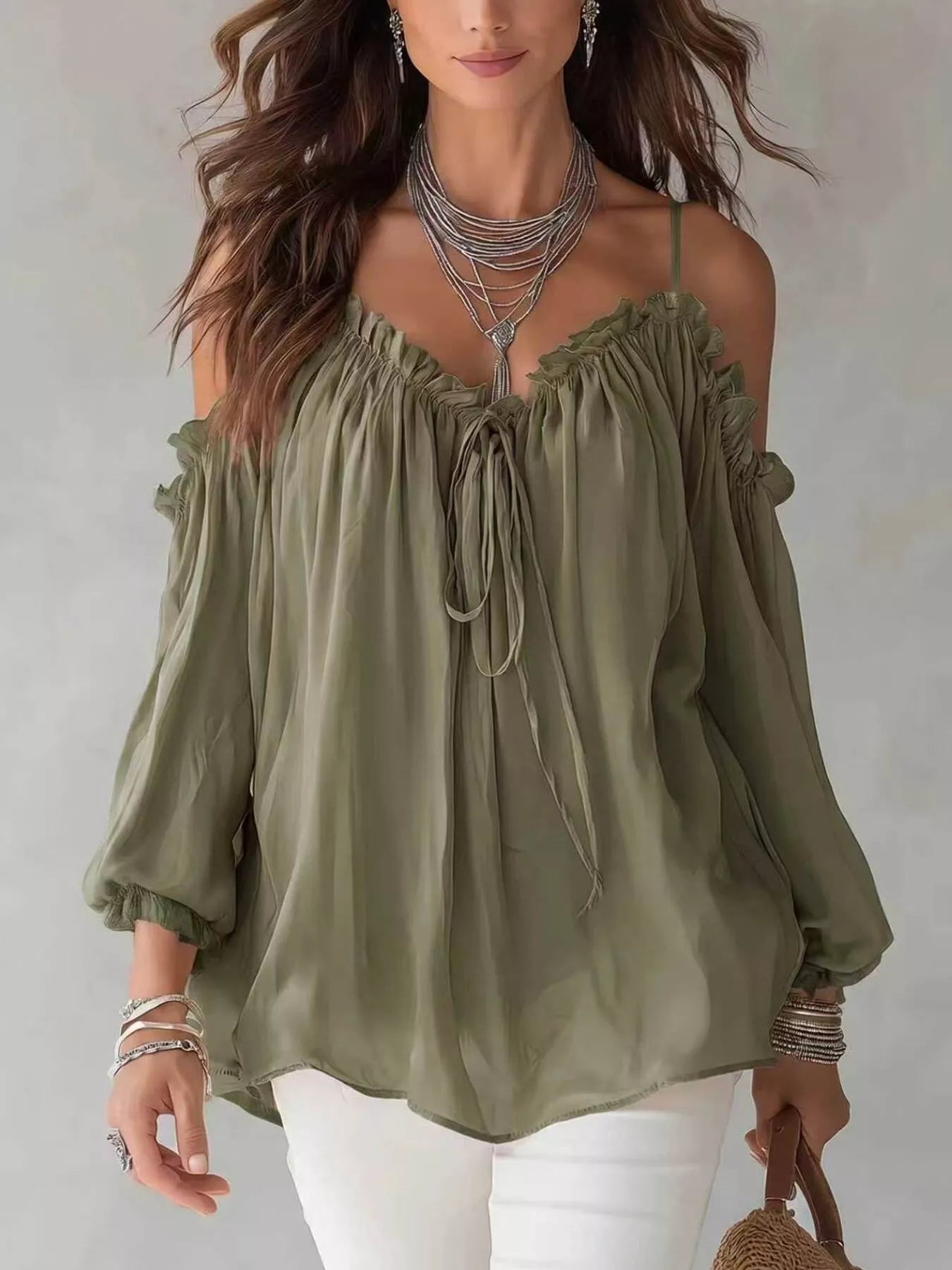Trendsi Frill Spaghetti Strap Tie Front Blouse -