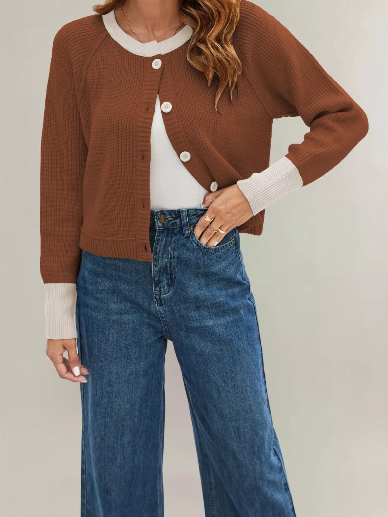 Trendsi Color Block Ribbed Knit Button-Front Cardigan -