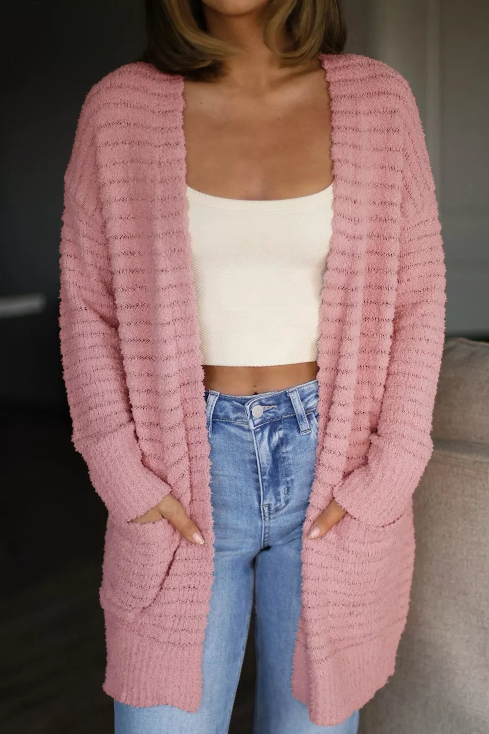 Trendsi Open Front Soft Fuzzy Ribbed Sweater Cardigan -