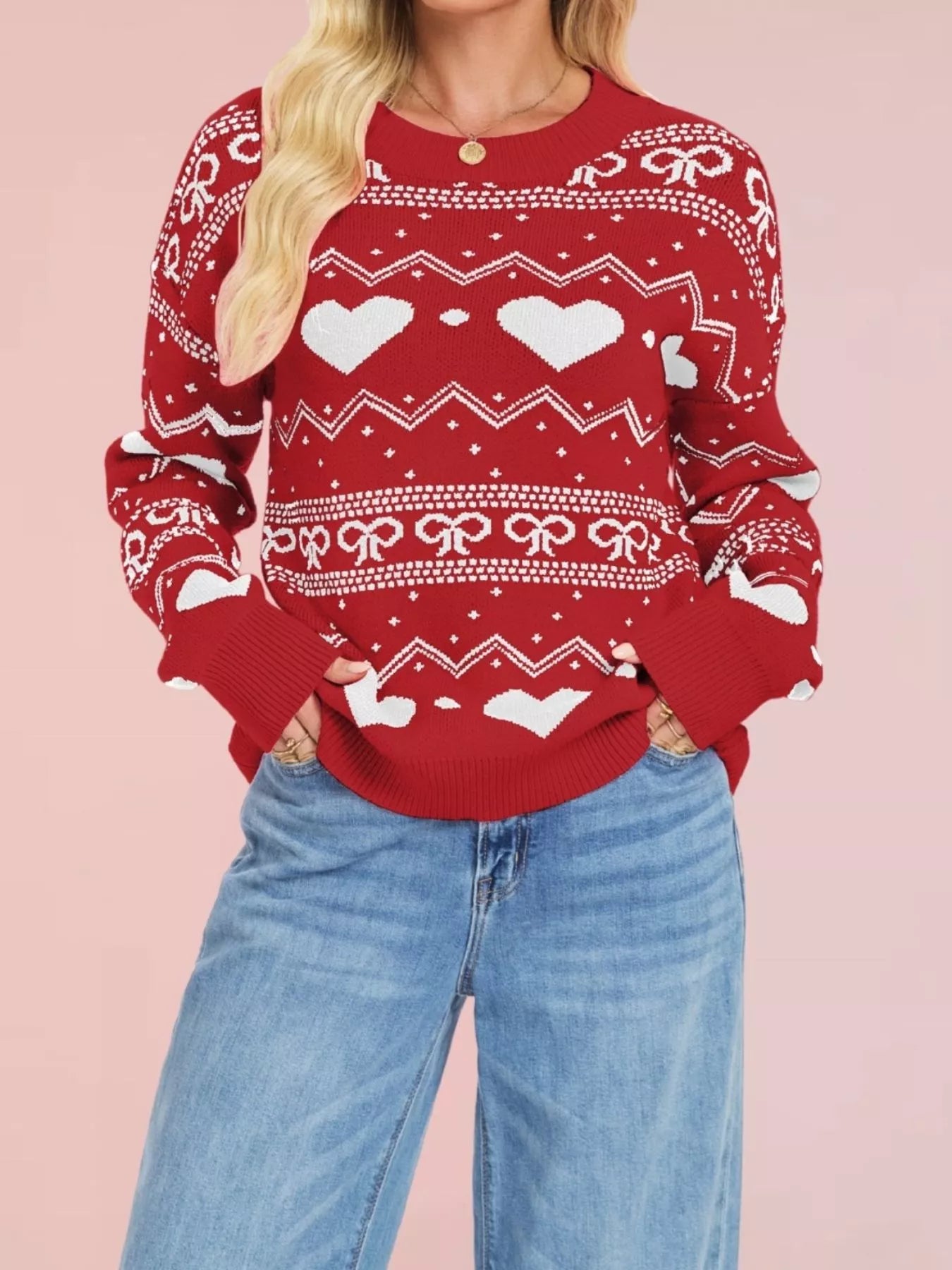 Trendsi Heart Pattern Dropped Shoulder Sweater -