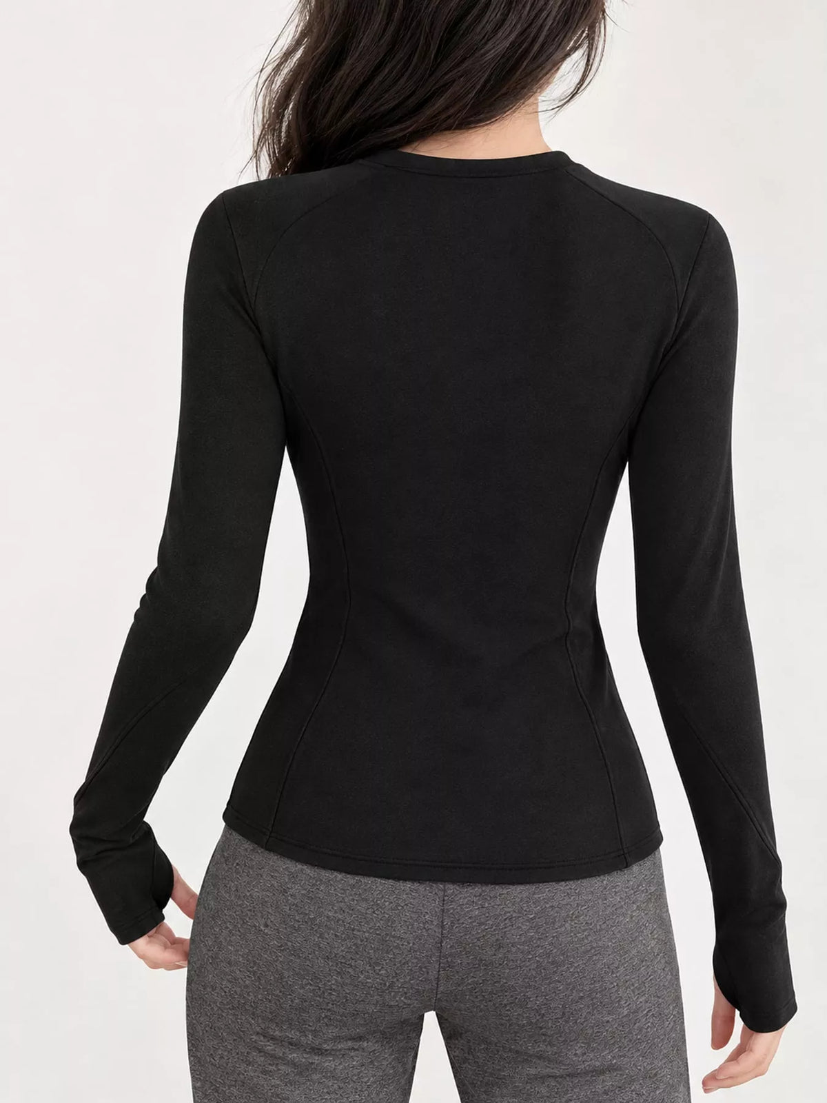 Black slim-fit zip-up long sleeve jacket — back view