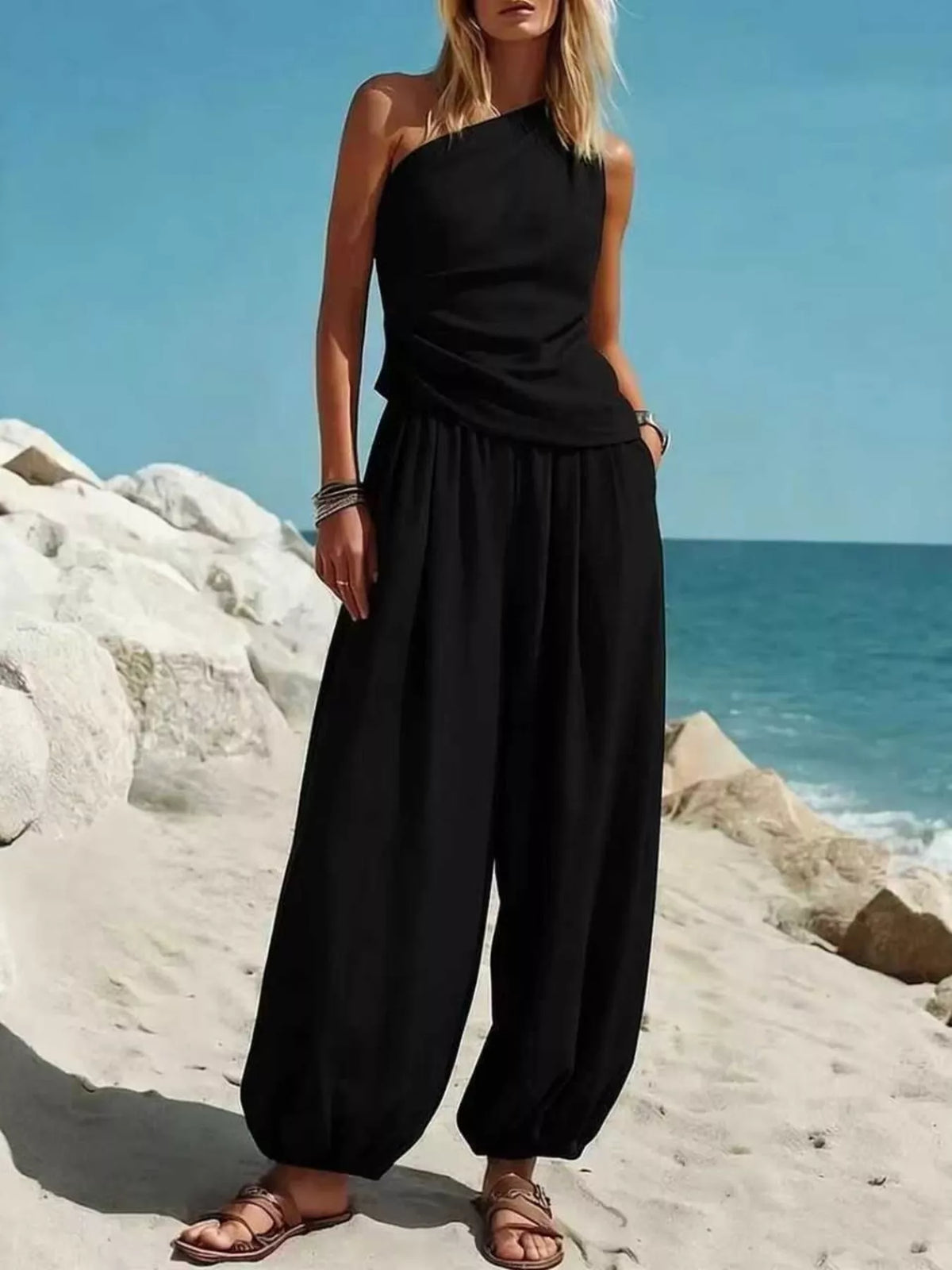 Women's One-Shoulder Sleeveless Top & Harem Pants Set — alternate view 3