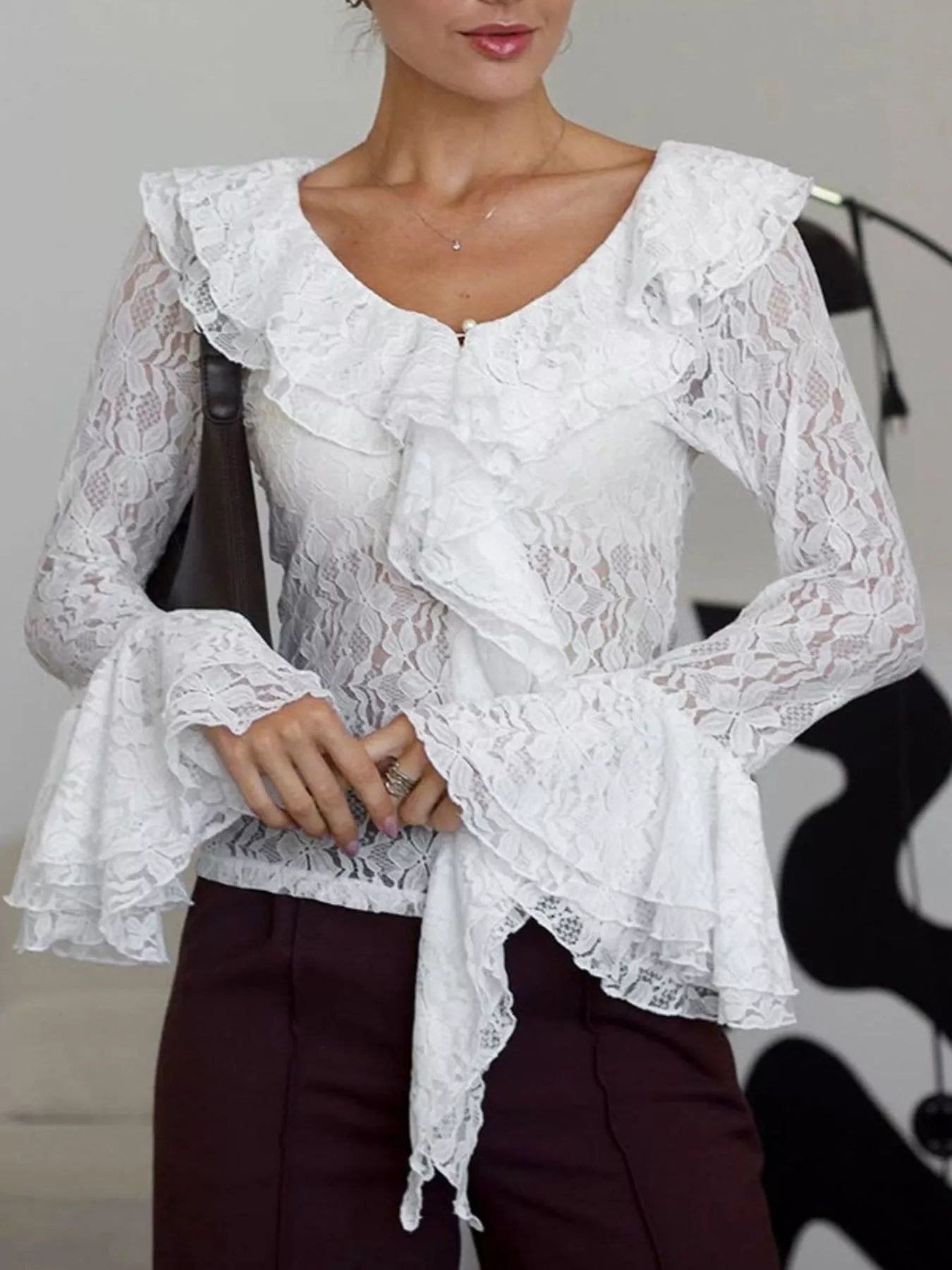 Trendsi Lace V-Neck Flare Sleeve Blouse -