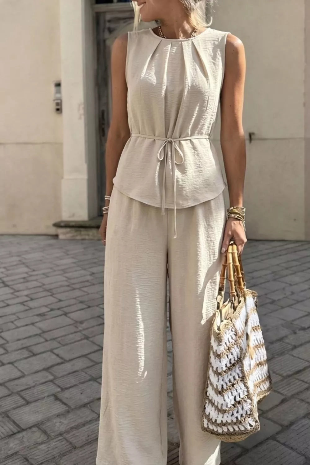 Trendsi Pleated Sleeveless Top and Wide-Leg Pants Set -