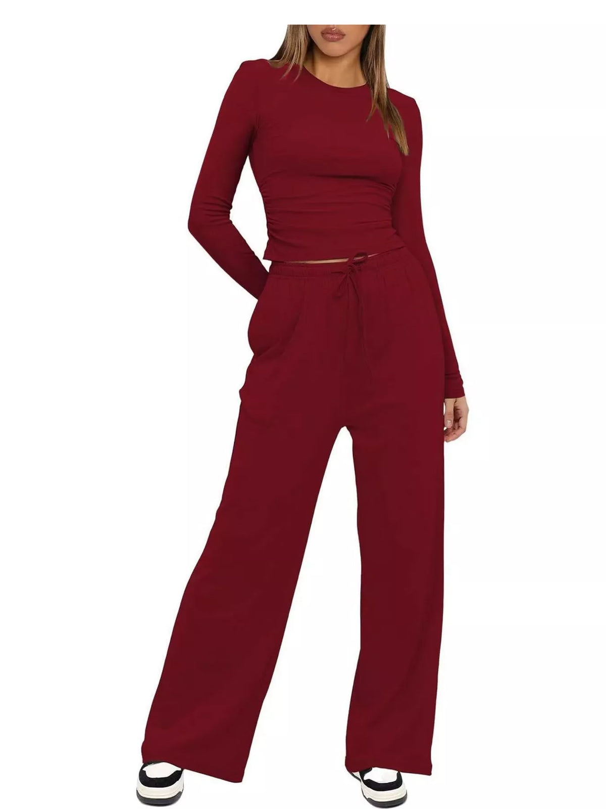 Long Sleeve Top and Wide-Leg Drawstring Pants Set — front view