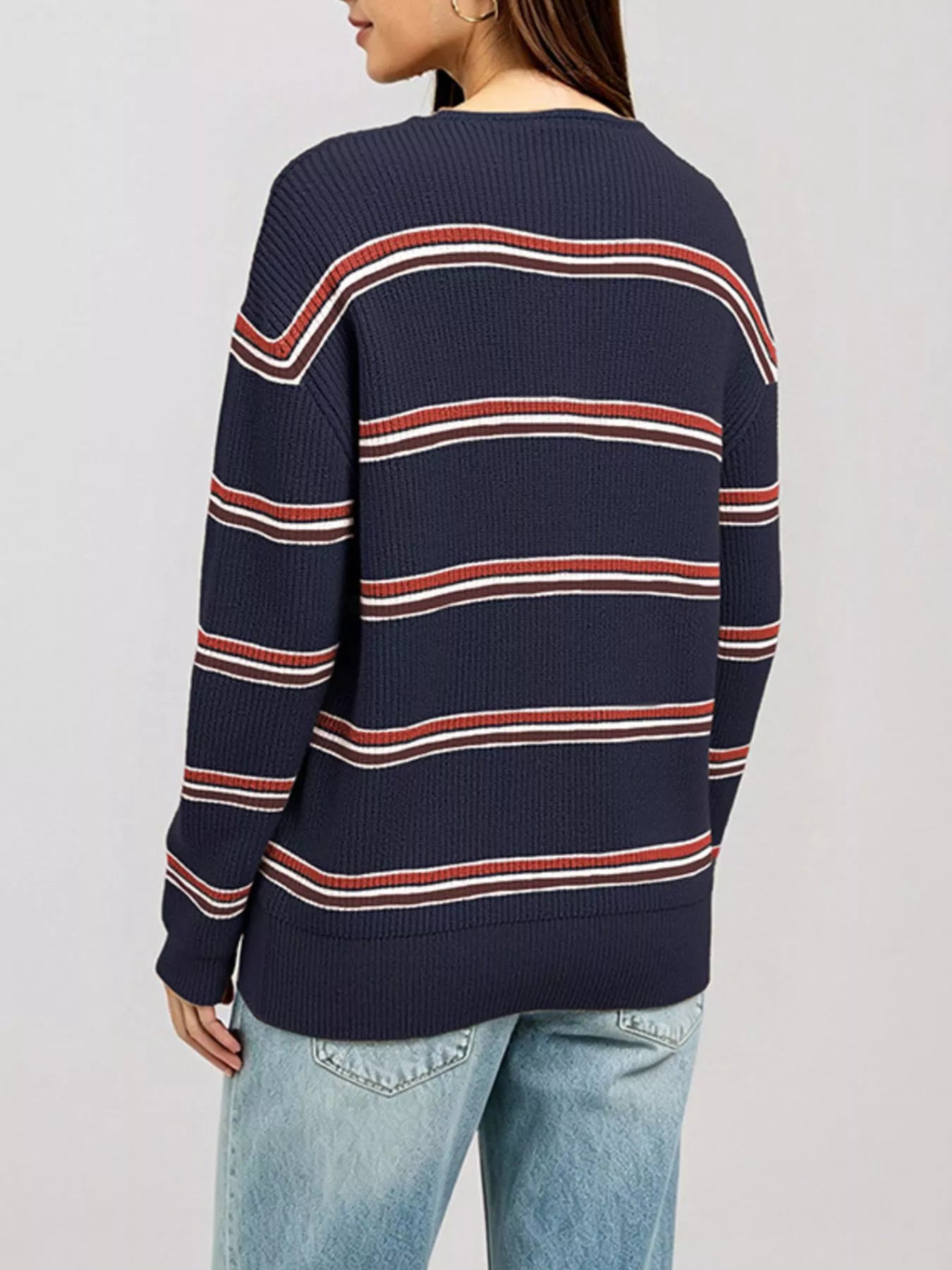 Trendsi Striped Ribbed Knit Top with Keyhole Neckline -