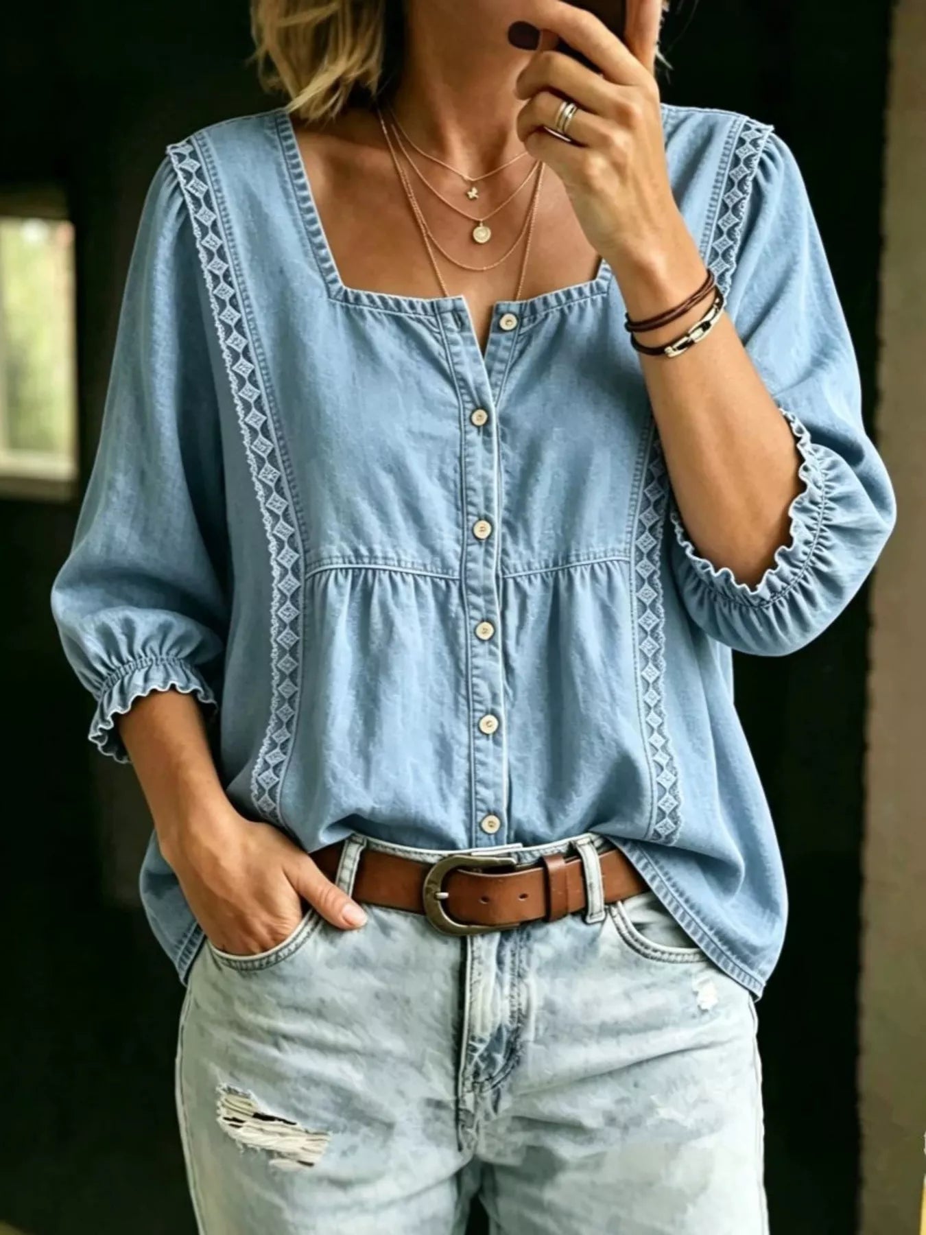 Trendsi Full Size Square Neck Button-Down Denim Shirt Plus Size -