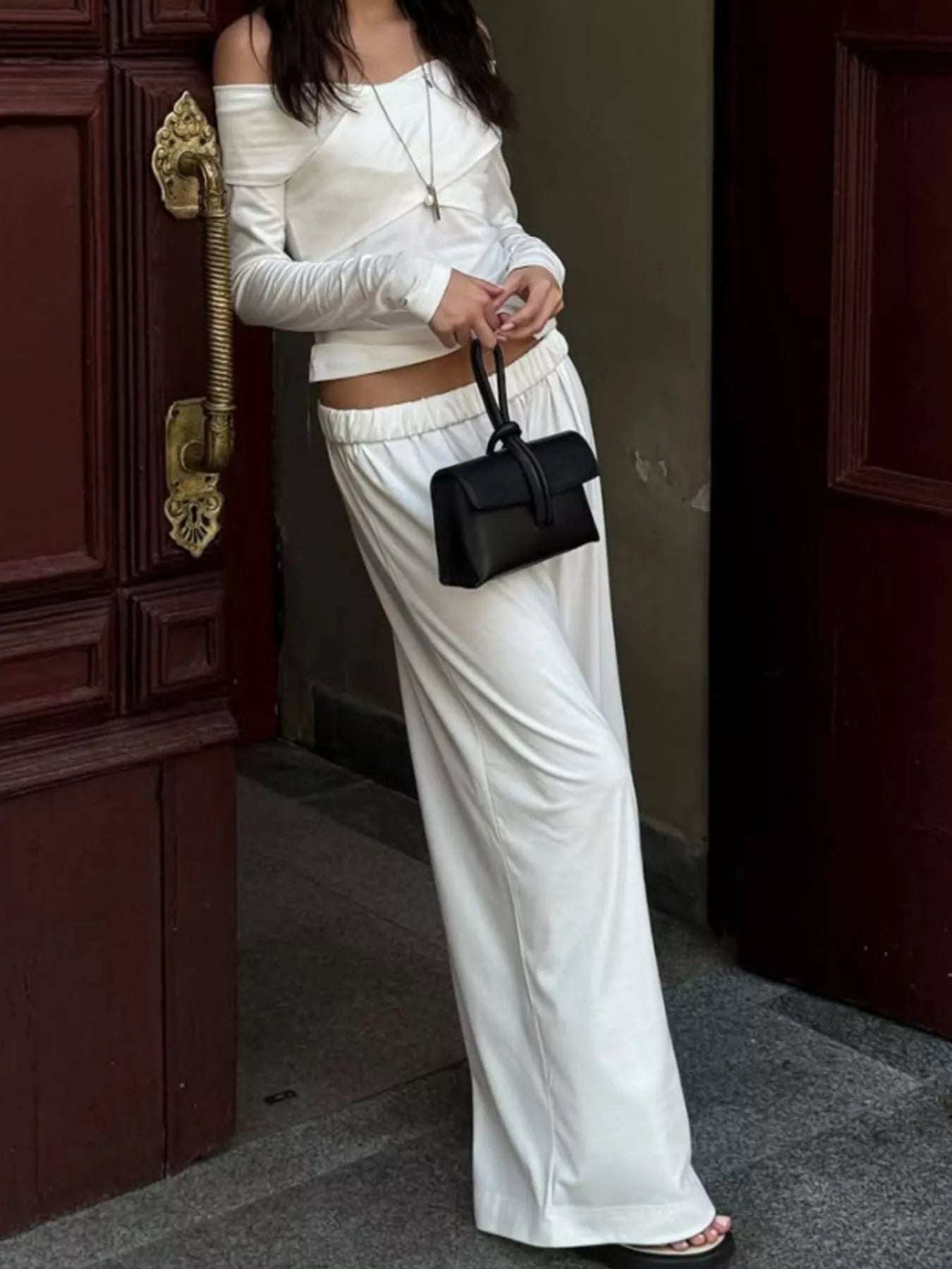 Trendsi Off-Shoulder Long Sleeve Top and Wide-Leg Pants Set -