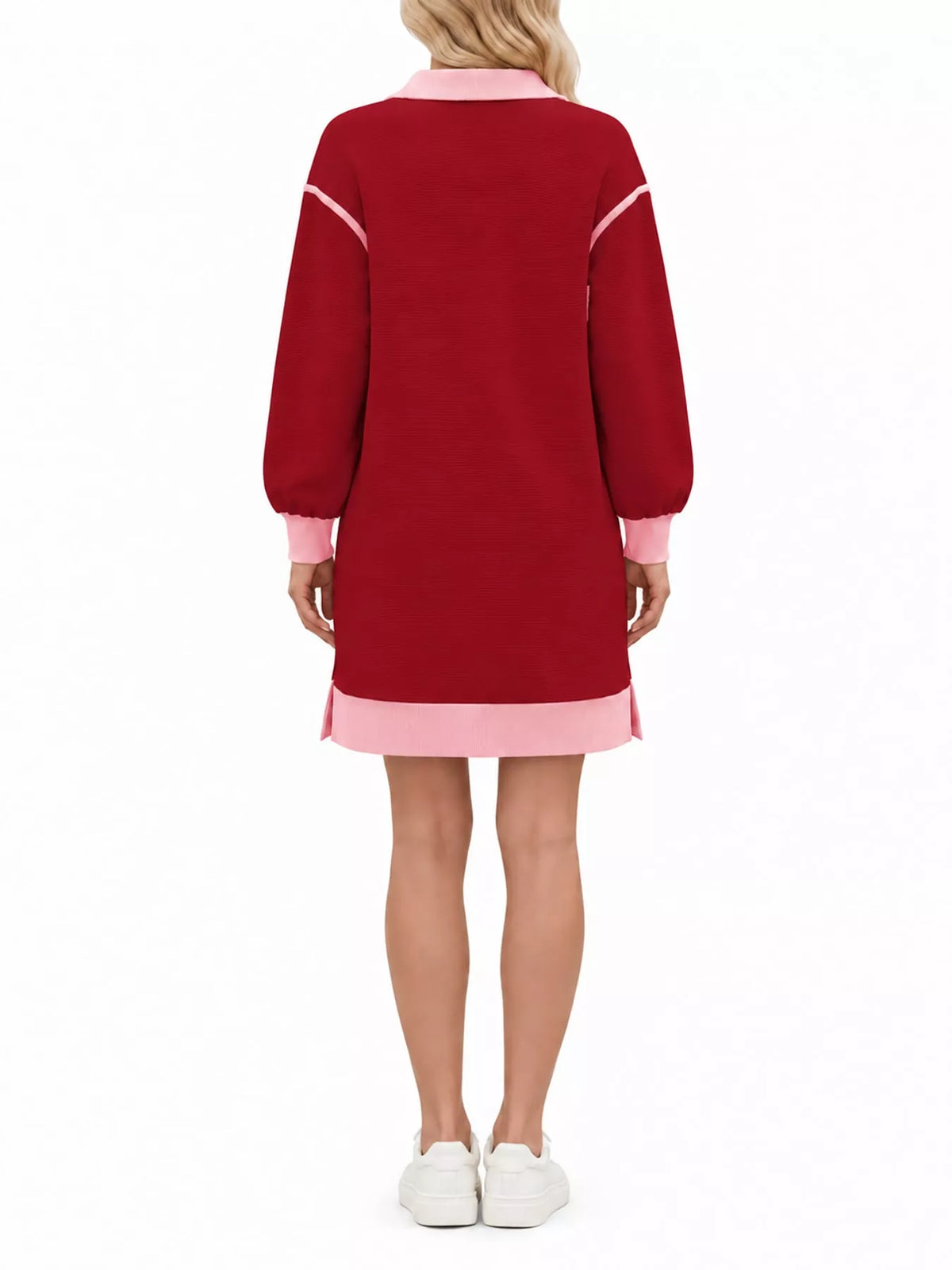 Red color block quarter-zip sweatshirt dress — back view