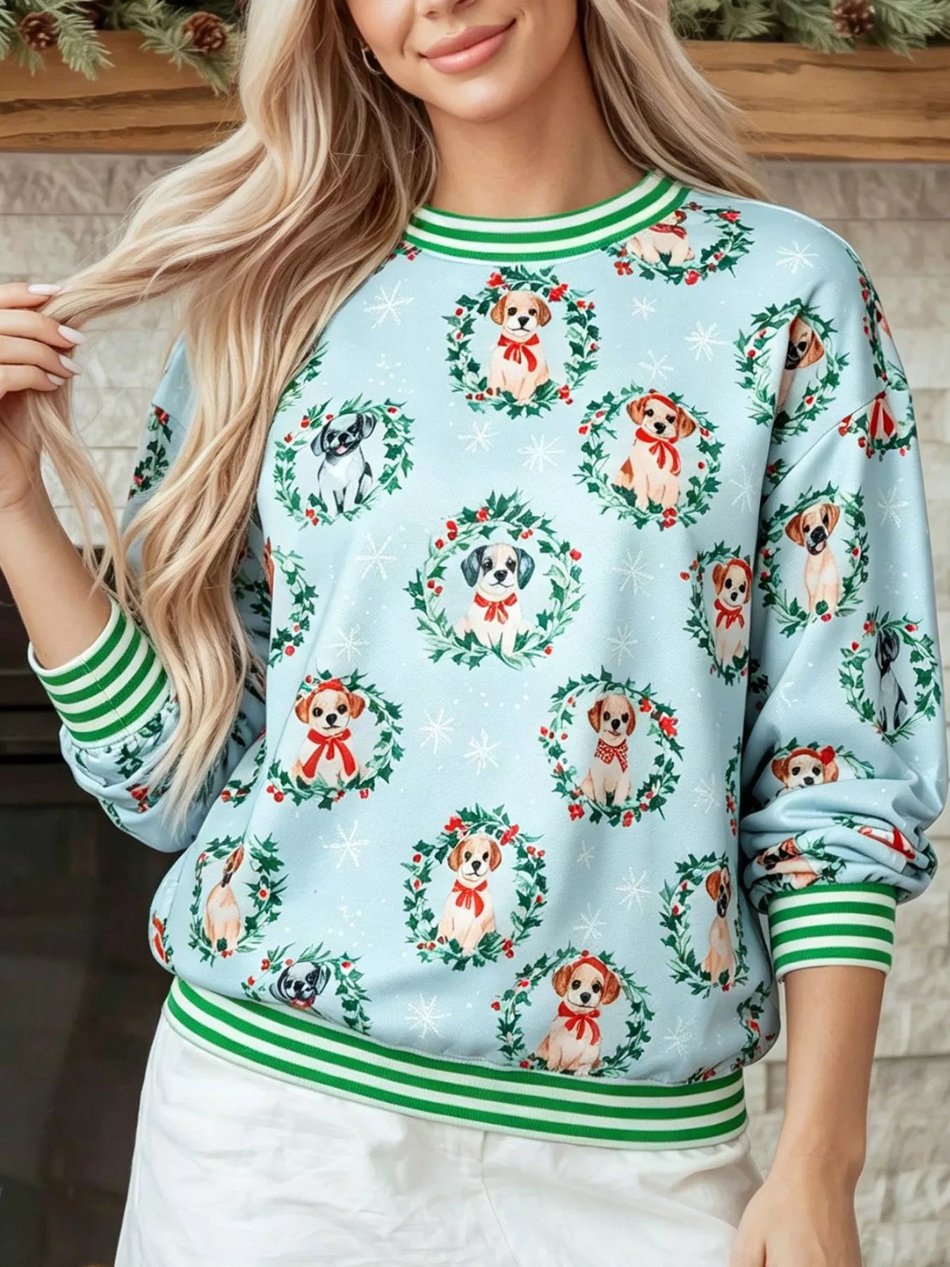 Trendsi Abstract Dog Print Ribbed Cuff Round Neck Long Sleeve Sweatshirt -
