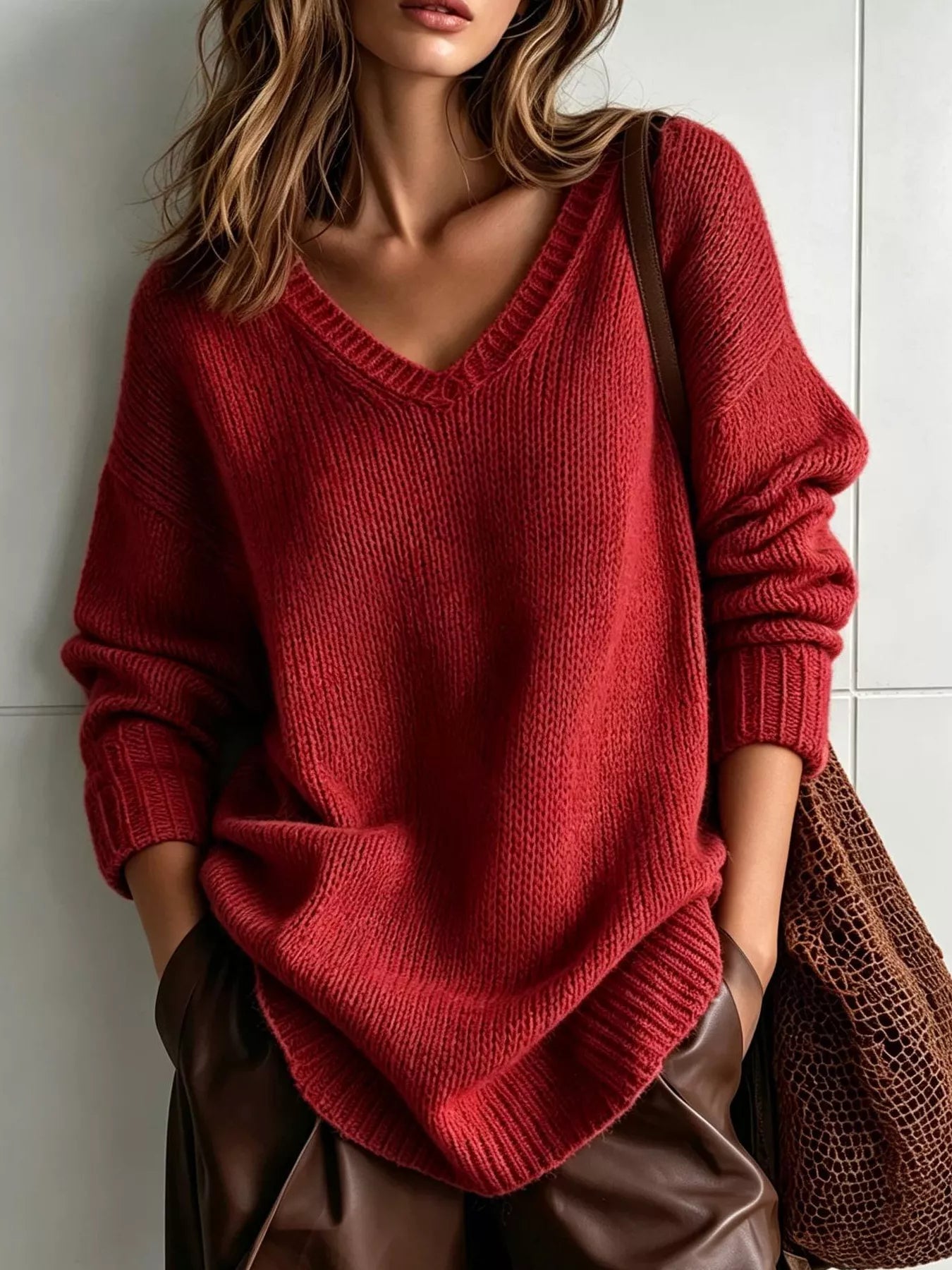 Trendsi V-Neck Dropped Shoulder Sweater -