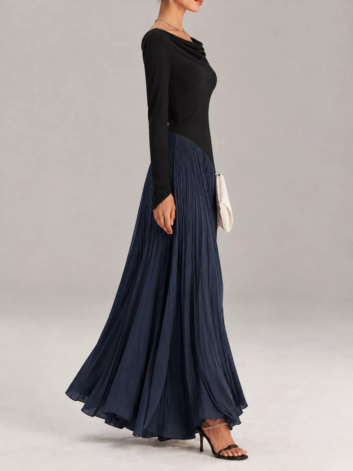 Cowl neck long sleeve maxi dress, side view