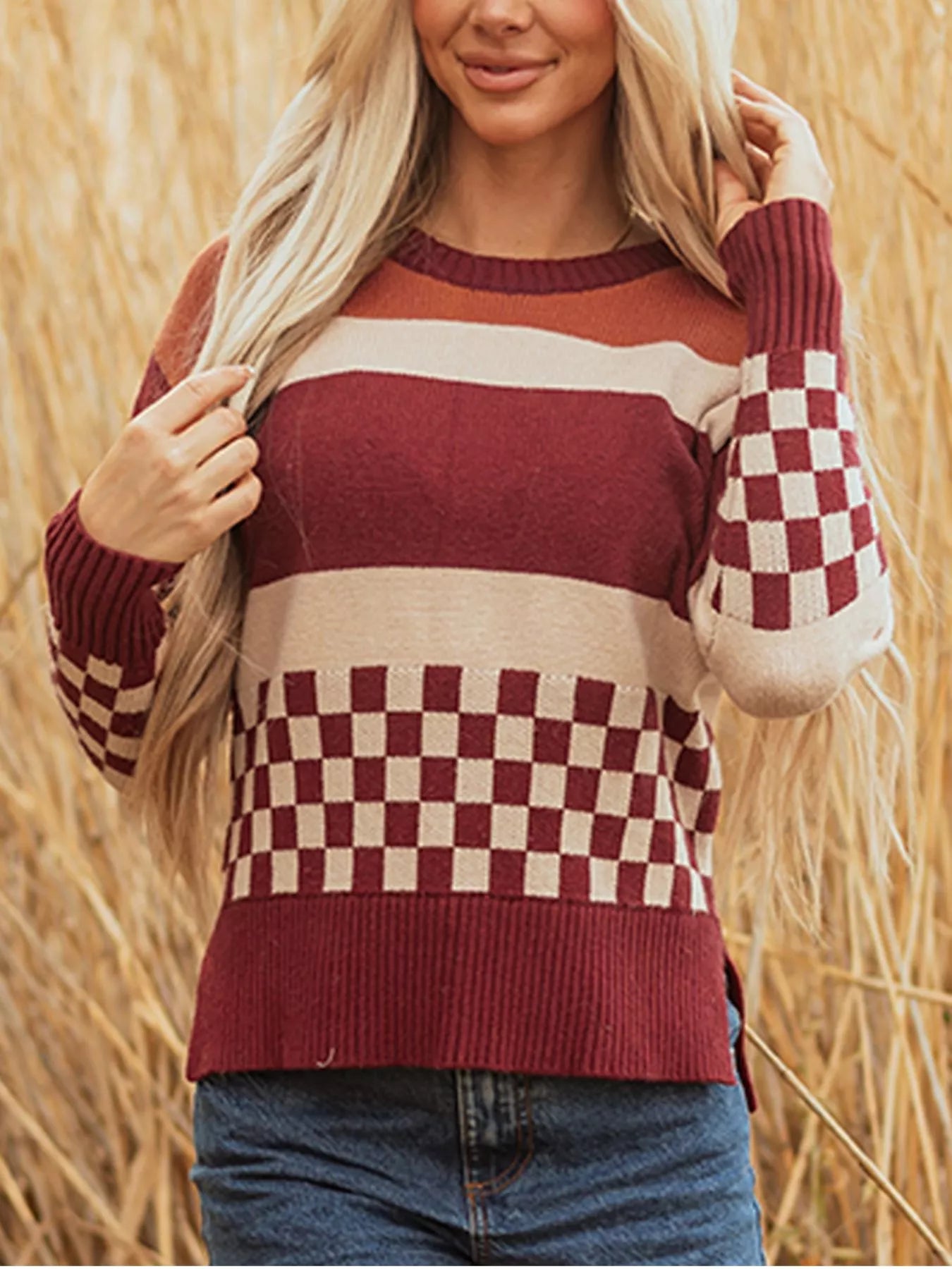 Trendsi Checkered Color Block Knitted Drop Shoulder Sweater -
