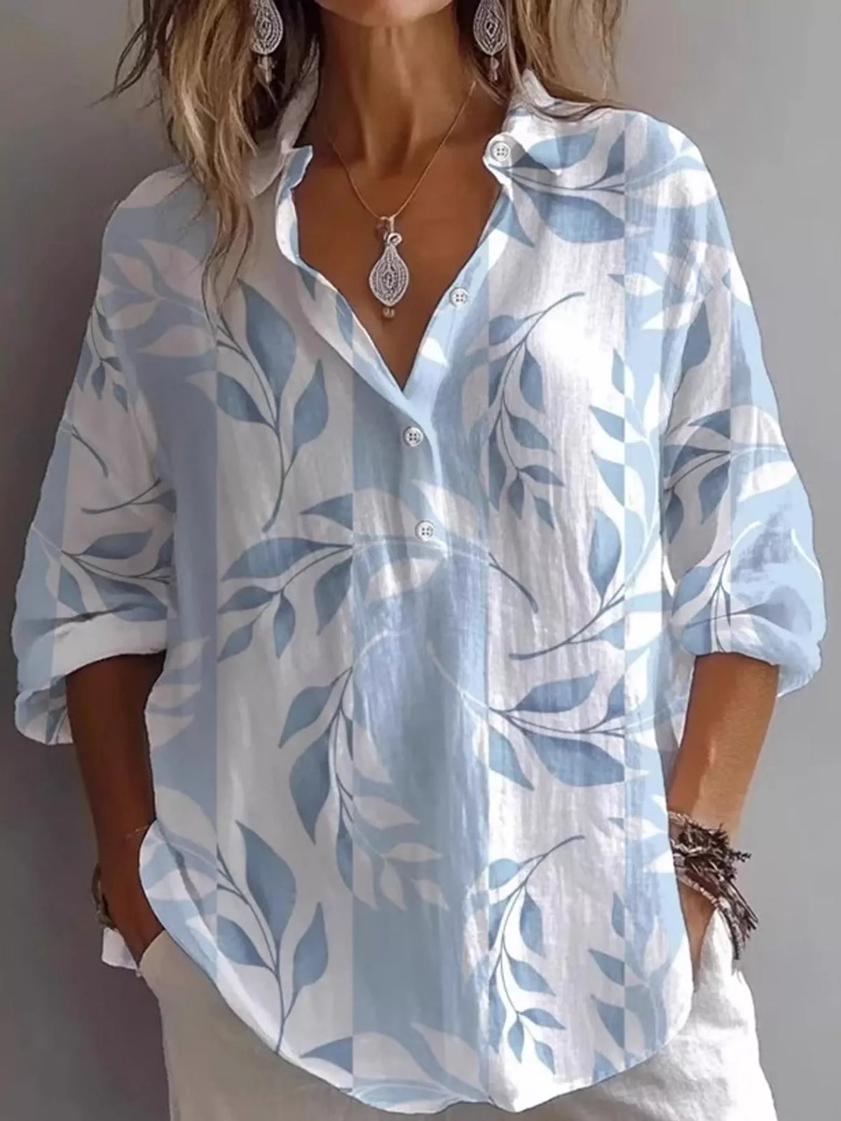 Women's Leaf Print Long Sleeve Blouse in light blue — front view