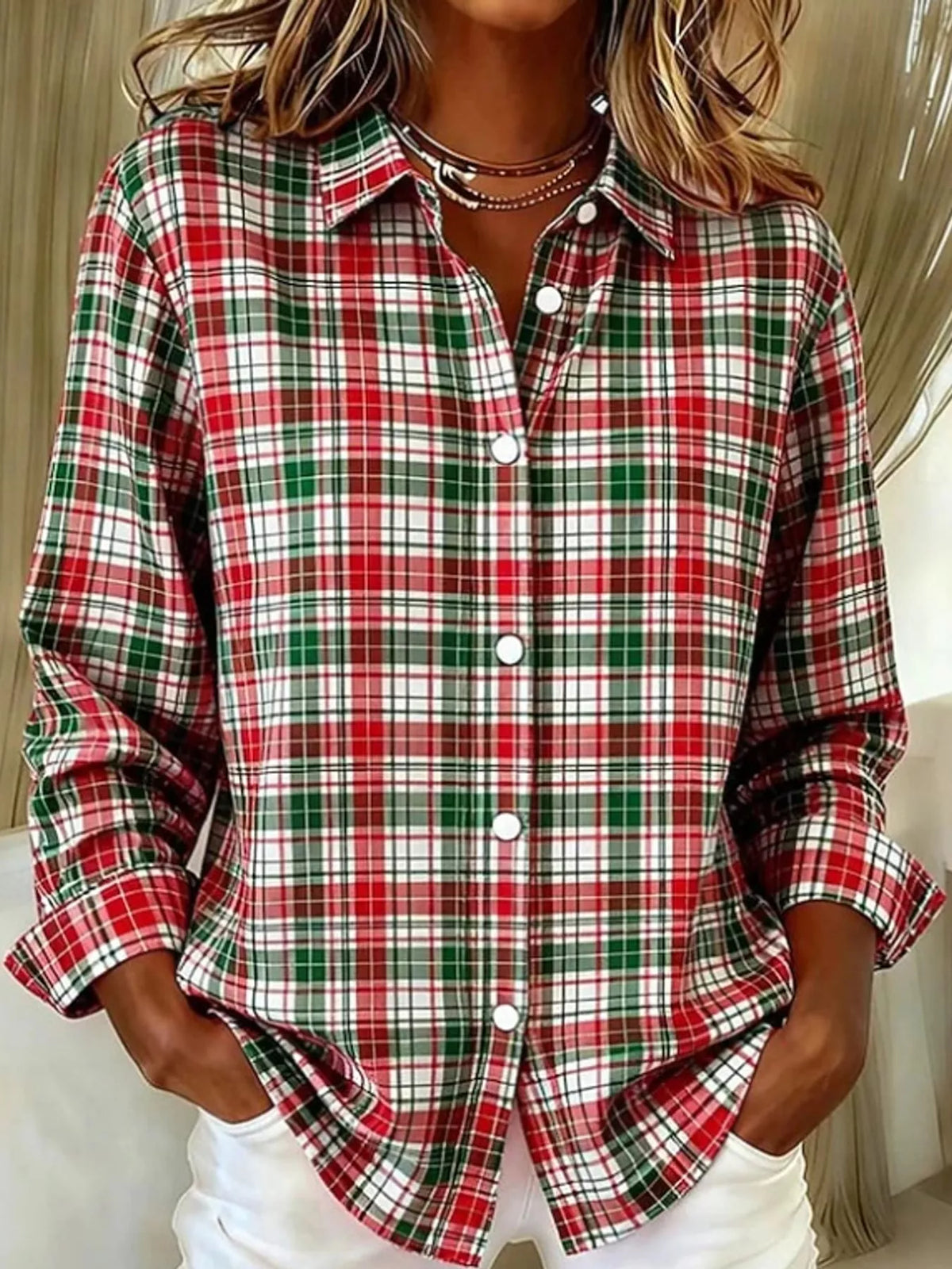 Red and green plaid long sleeve shirt