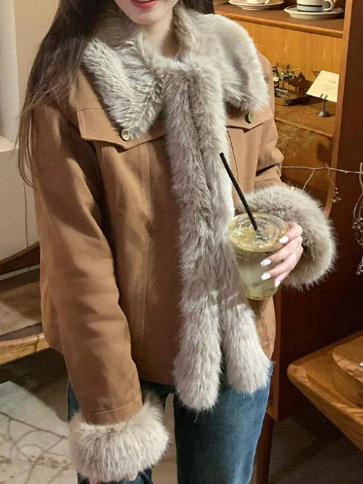 Brown-Thickened Cotton-Padded Lining detachable faux fur collar and cuffs jacket