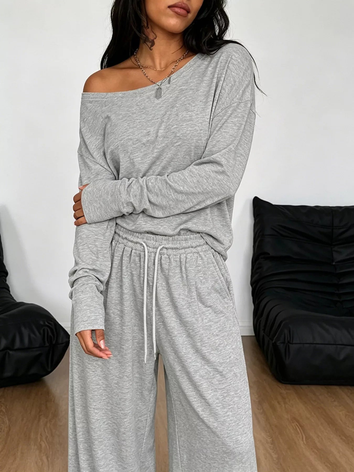 Trendsi Full Size One-Shoulder Top and Drawstring Pants Set Plus Size -