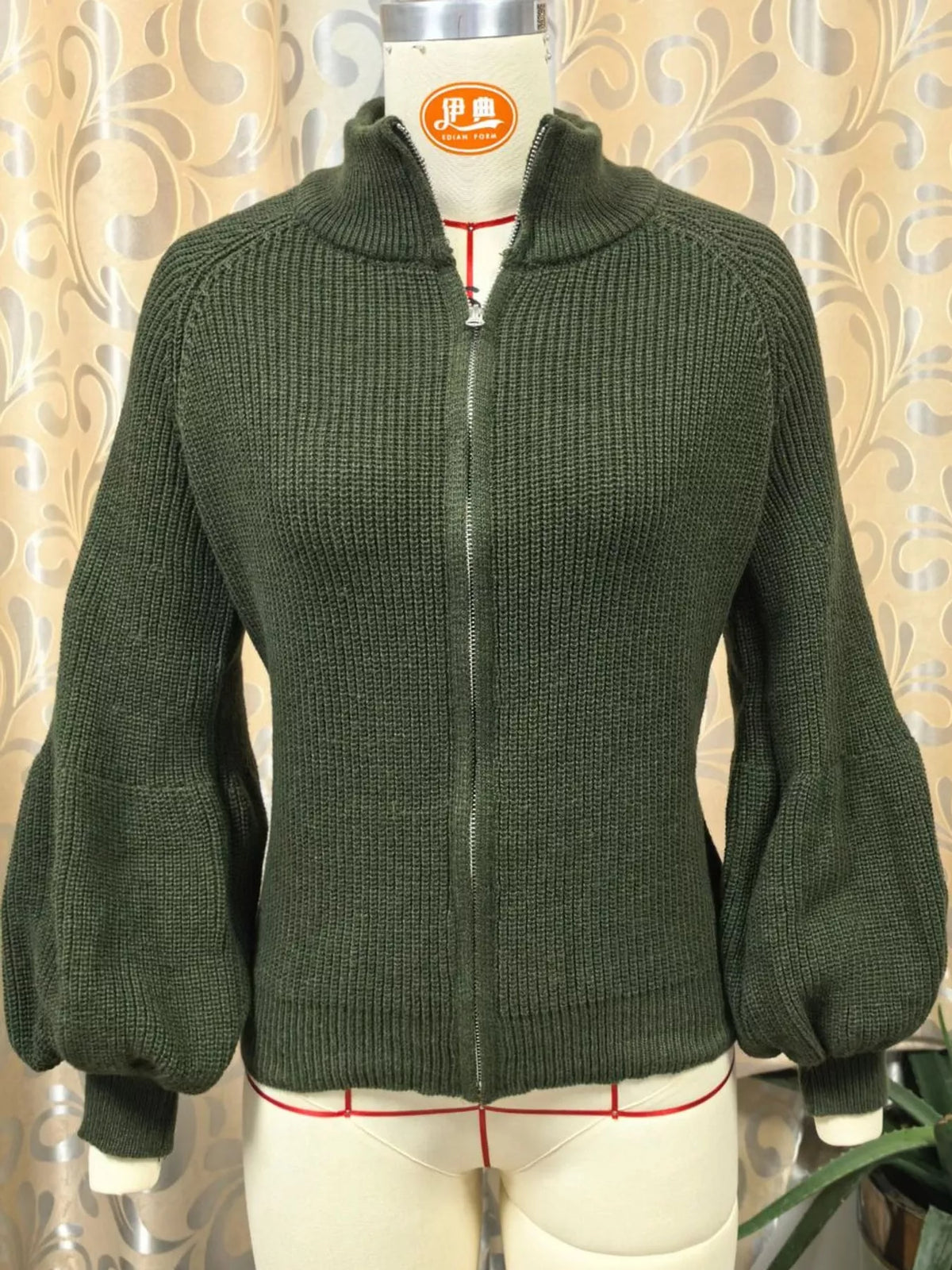 Army Green ribbed knit zip-up lantern sleeve cardigan