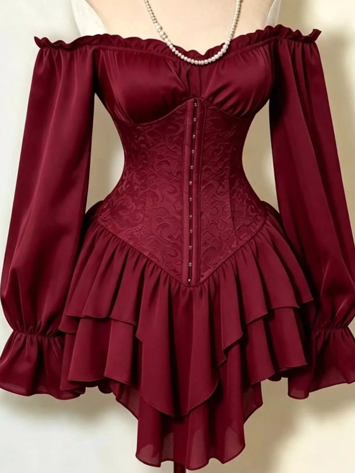 Off-Shoulder Corset Style Ruffle Hem Mini Dress, detail view in burgundy
