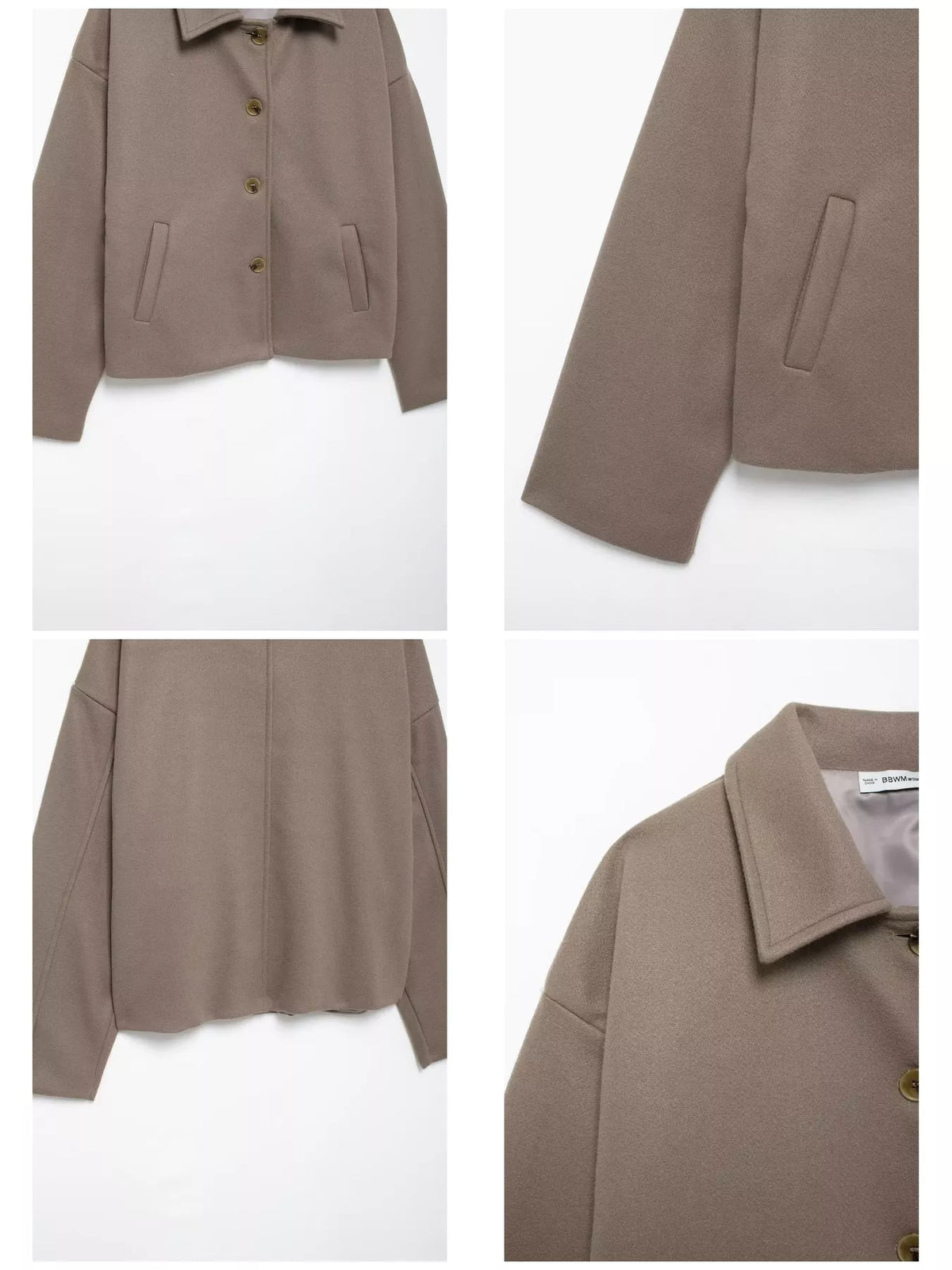 Button-up jacket, taupe pocket collar and hem collage