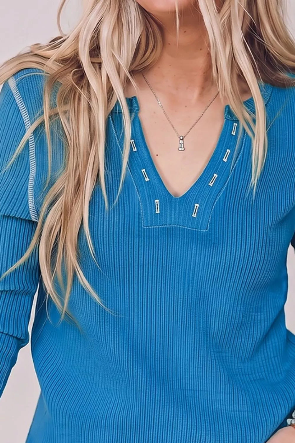 Trendsi Ribbed Henley Long Sleeve T-Shirt -