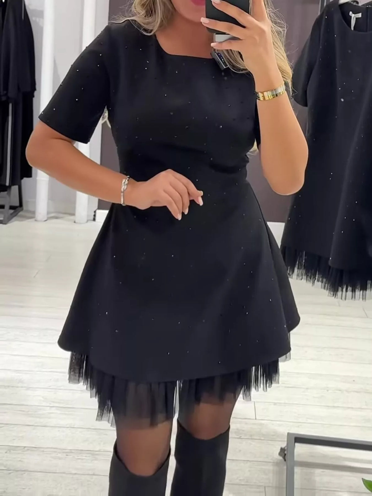 Black rhinestone a line mini dress with tulle hem, front view