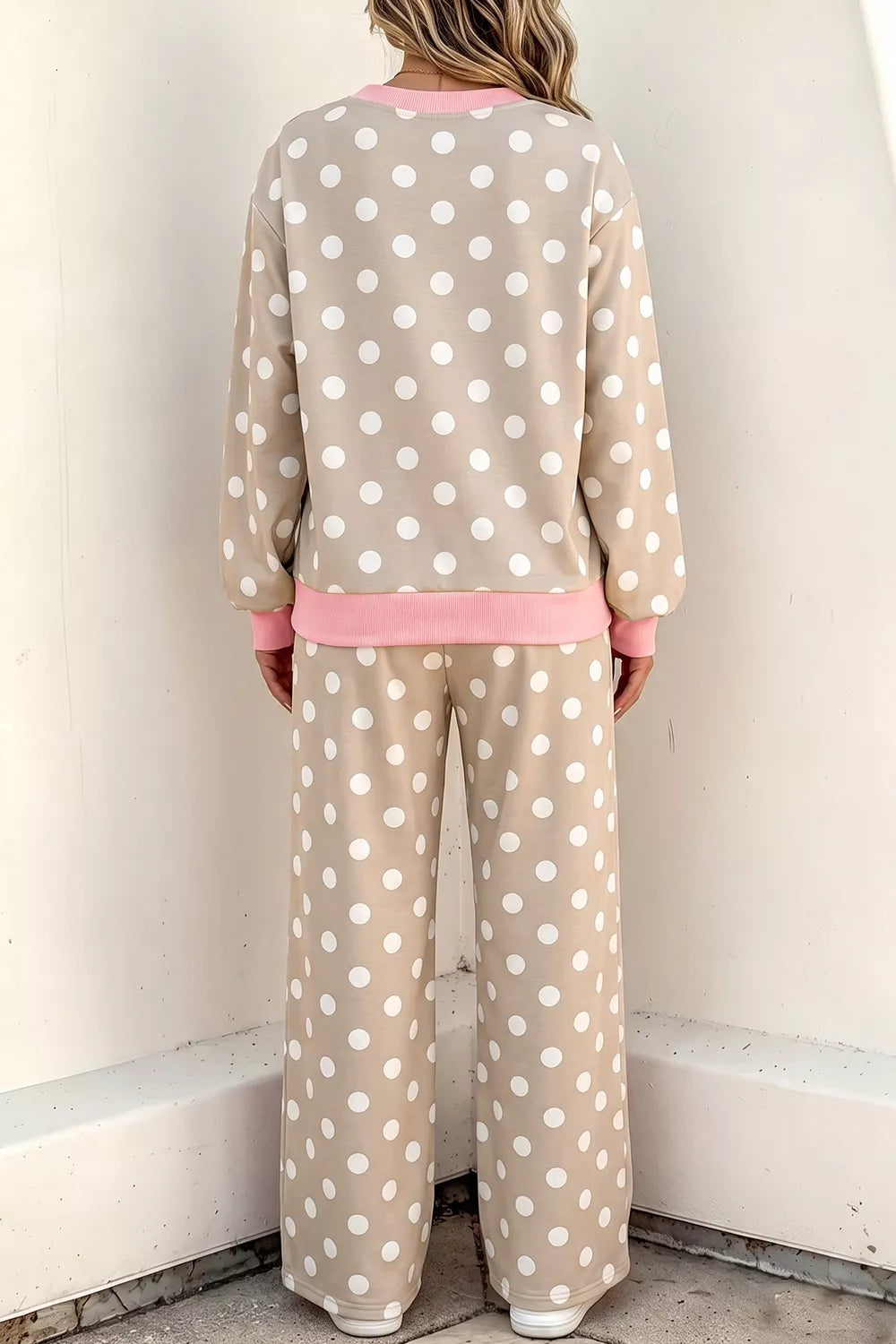 Trendsi Polka Dot Contrast Trim Long Sleeve Top Drawstring Shift Pants Set -